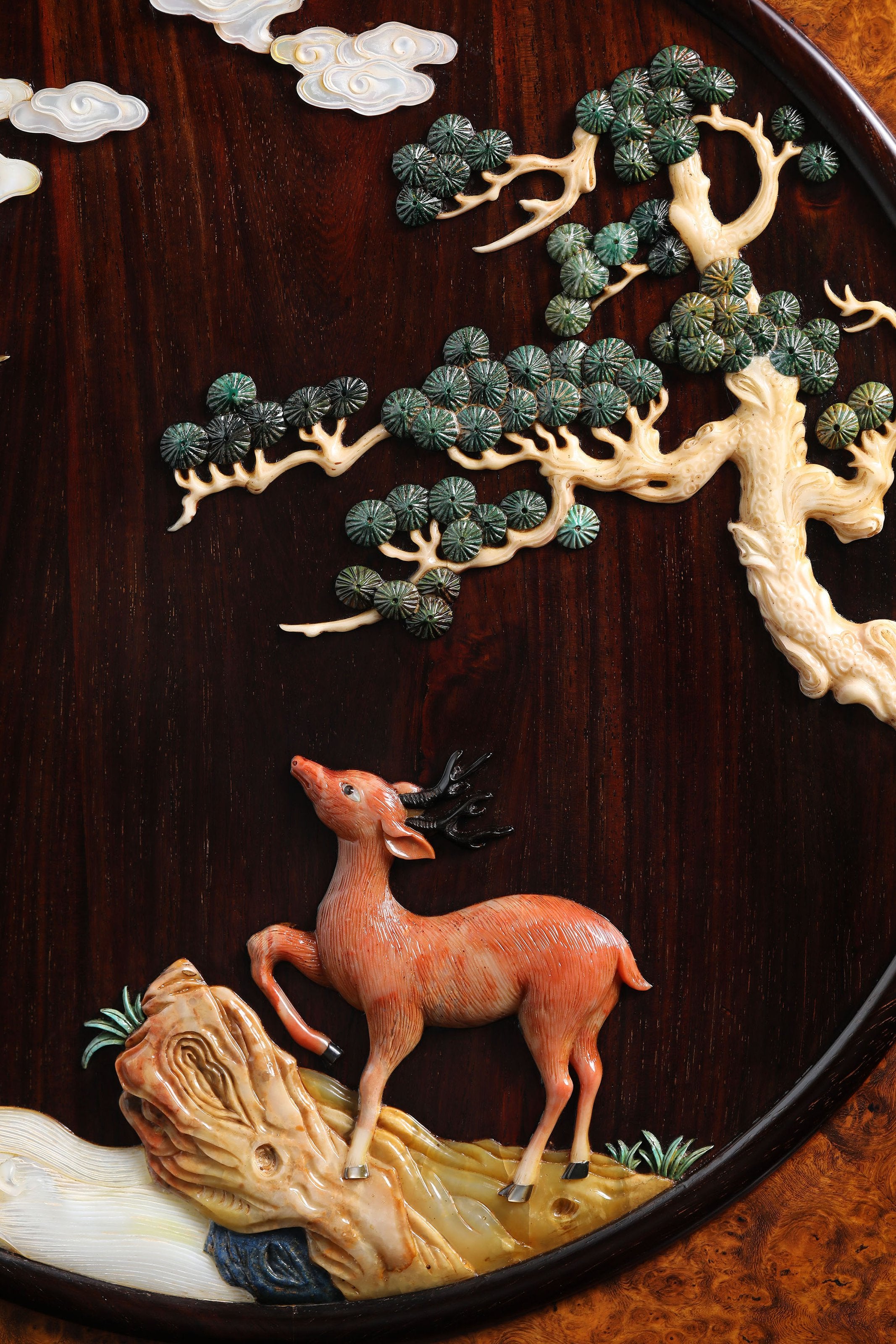 Rosewood Inlaid with Deer and Crane in Springtime Burl Wood Screen