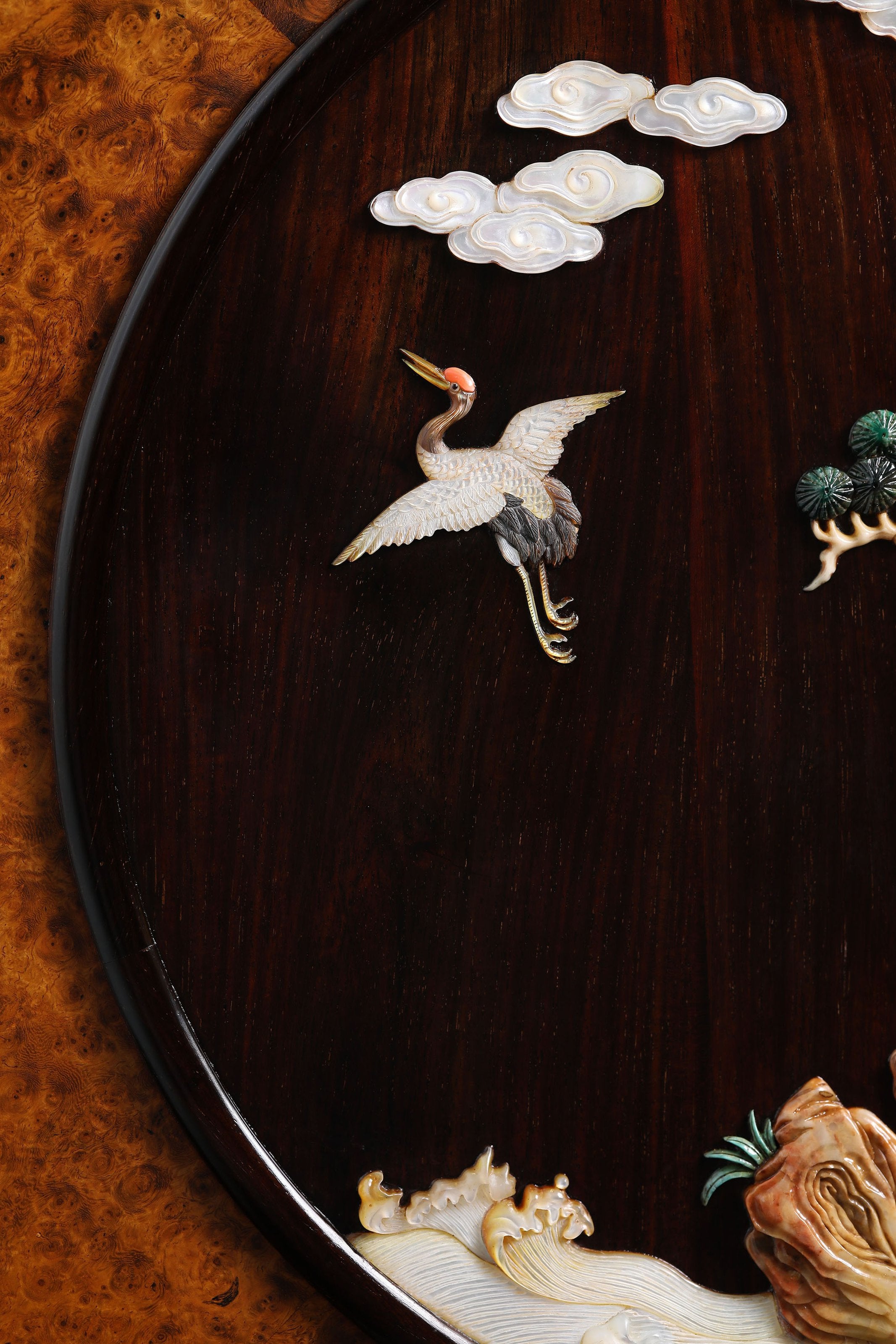 Rosewood Inlaid with Deer and Crane in Springtime Burl Wood Screen