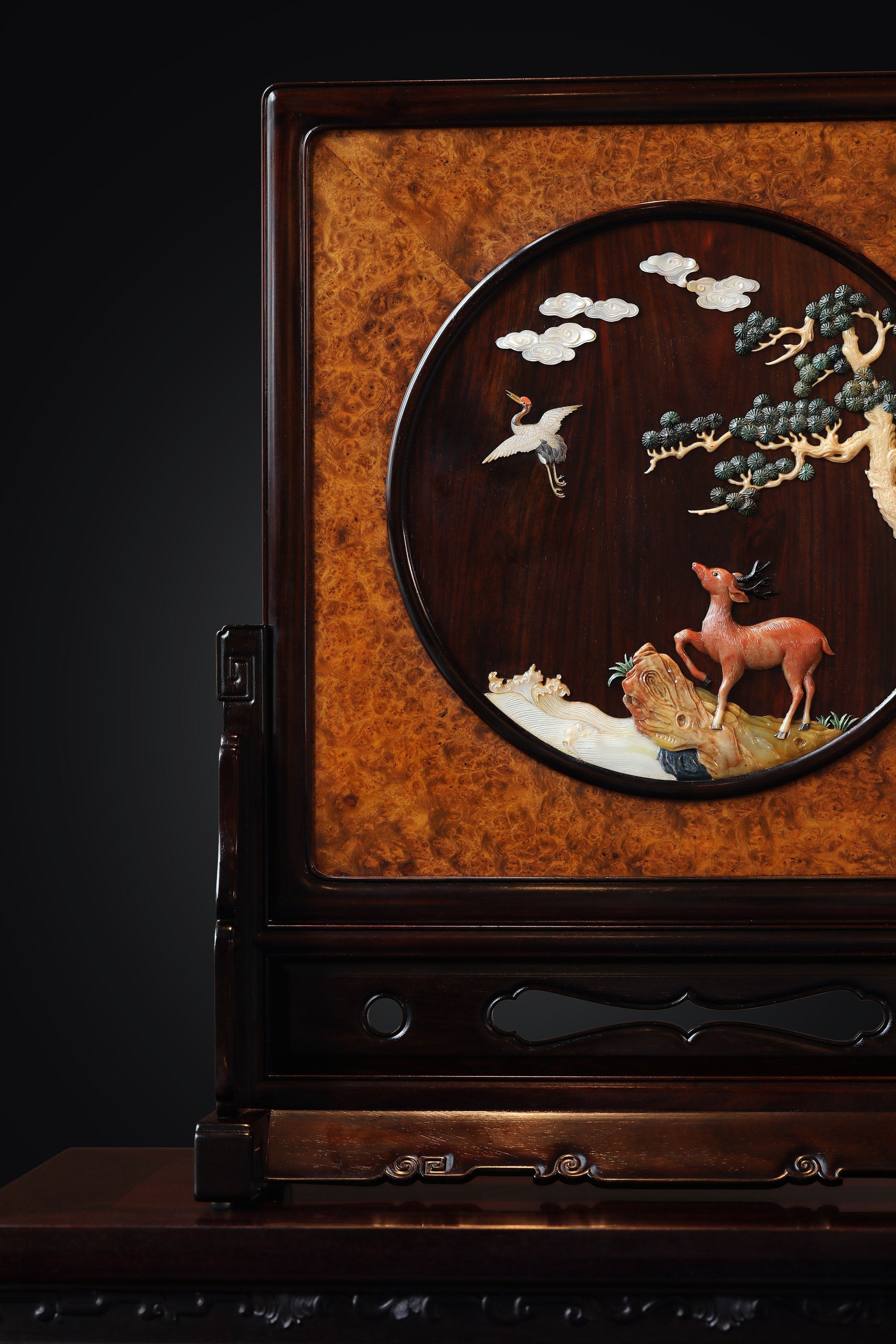Rosewood Inlaid with Deer and Crane in Springtime Burl Wood Screen