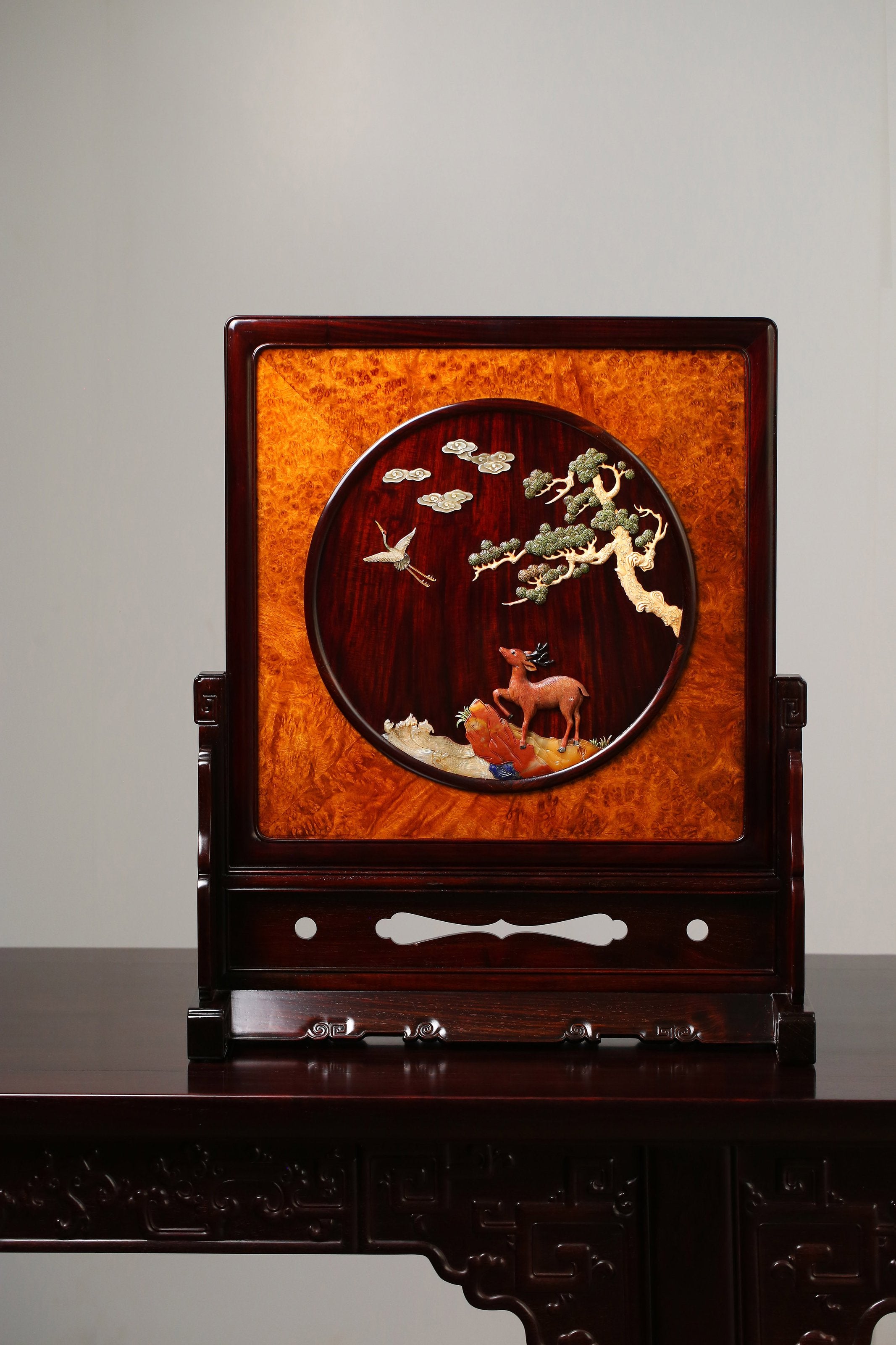 Rosewood Inlaid with Deer and Crane in Springtime Burl Wood Screen