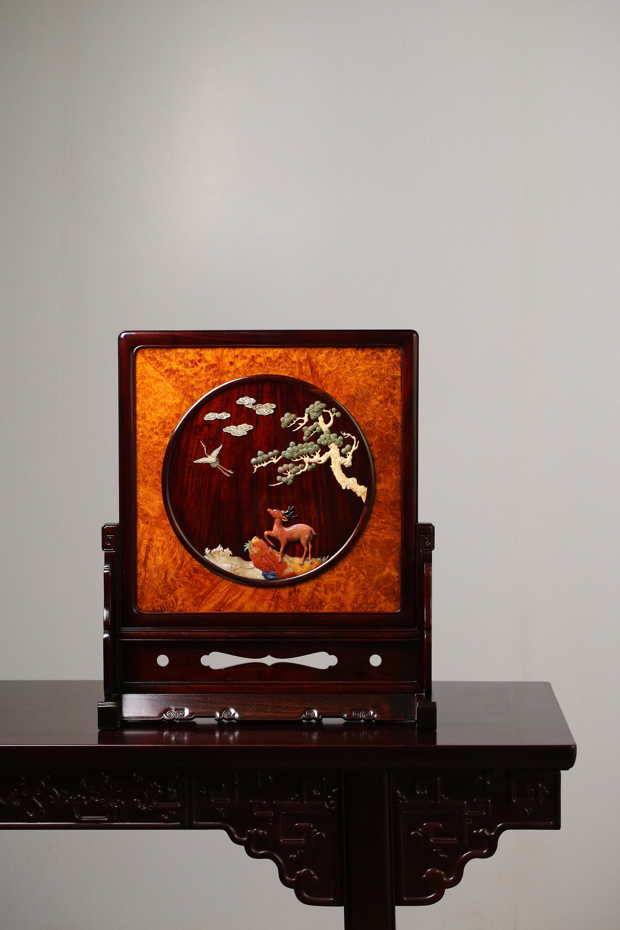 Rosewood Inlaid with Deer and Crane in Springtime Burl Wood Screen
