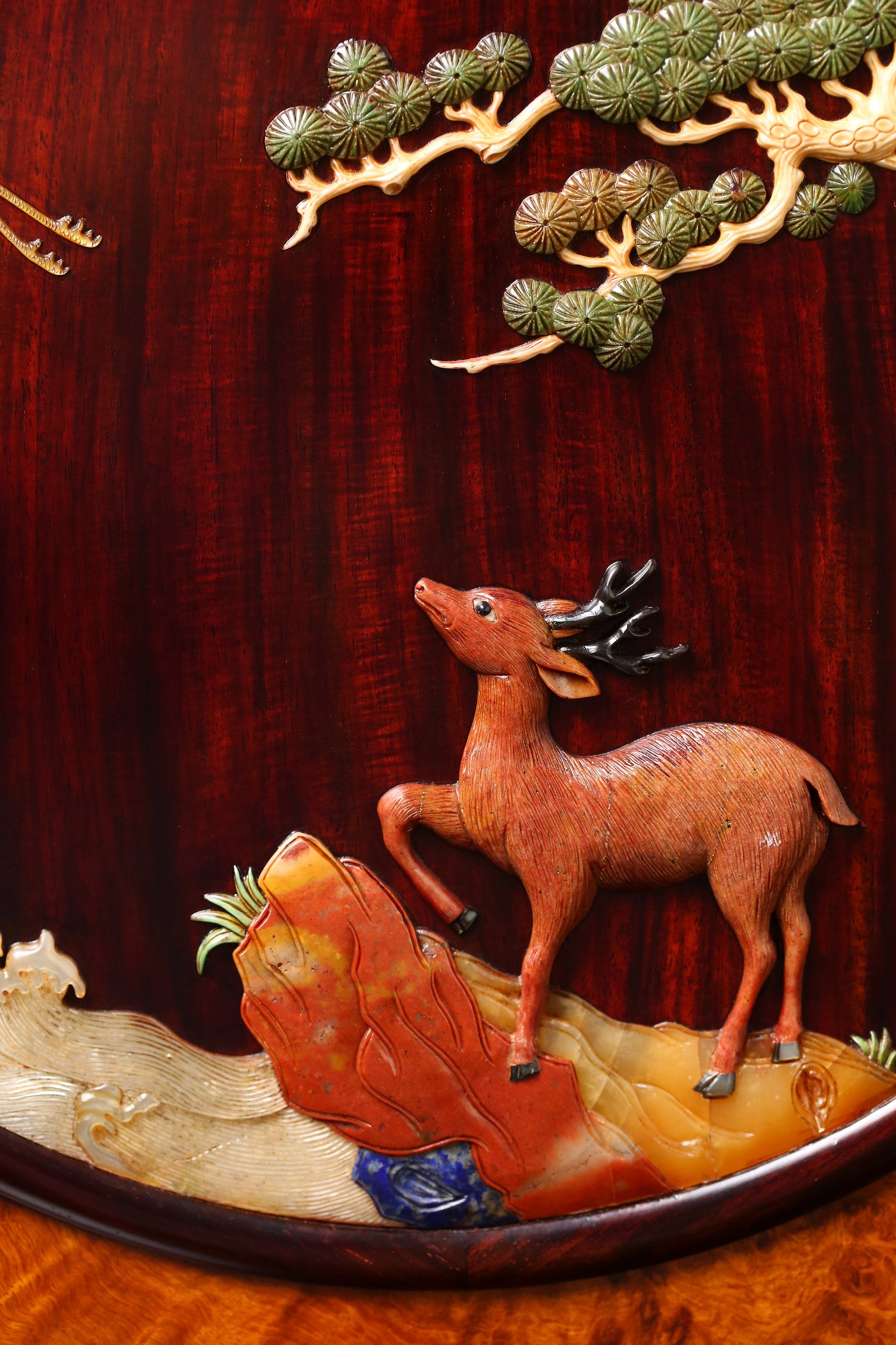 Rosewood Inlaid with Deer and Crane in Springtime Burl Wood Screen