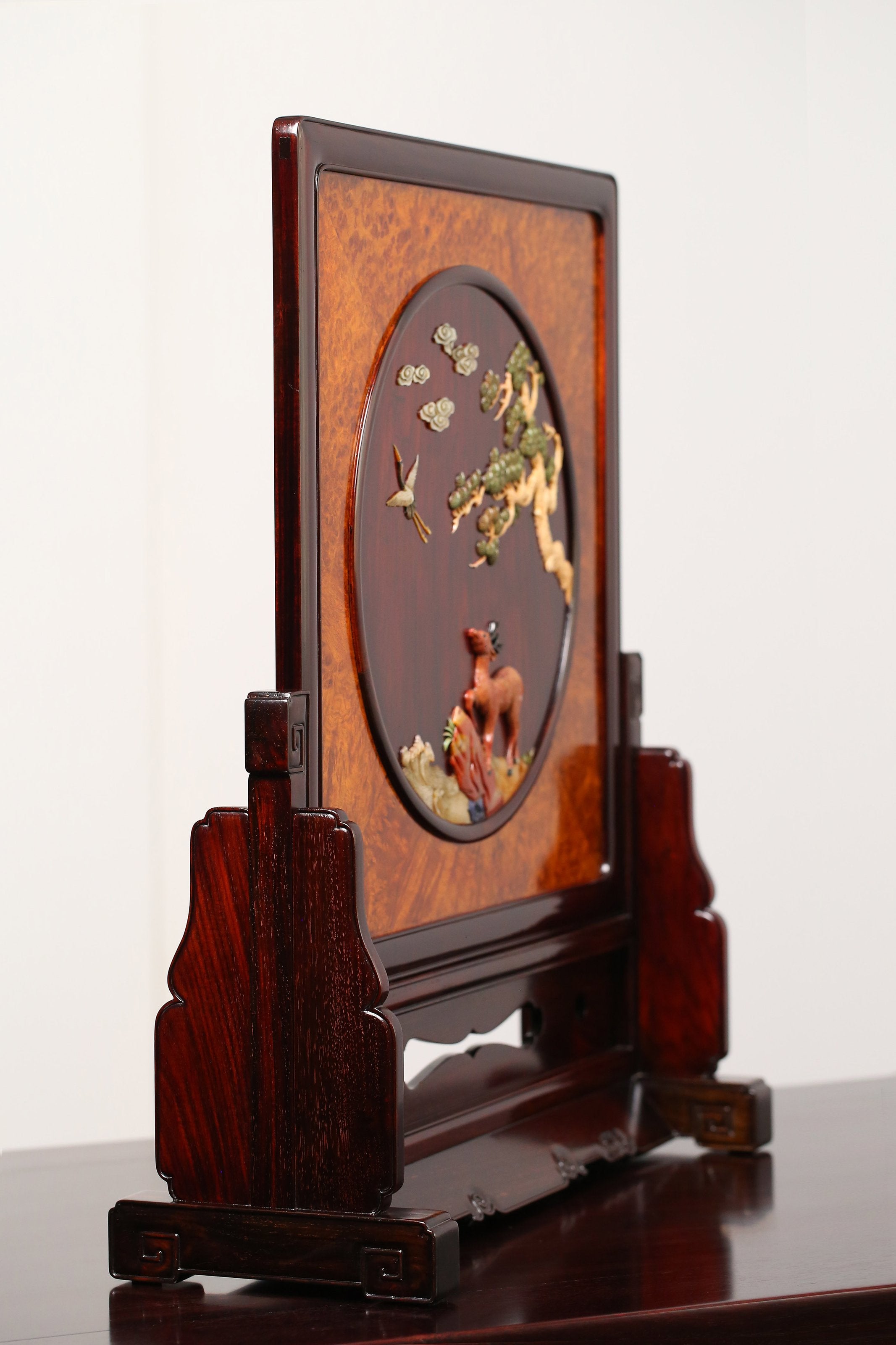 Rosewood Inlaid with Deer and Crane in Springtime Burl Wood Screen