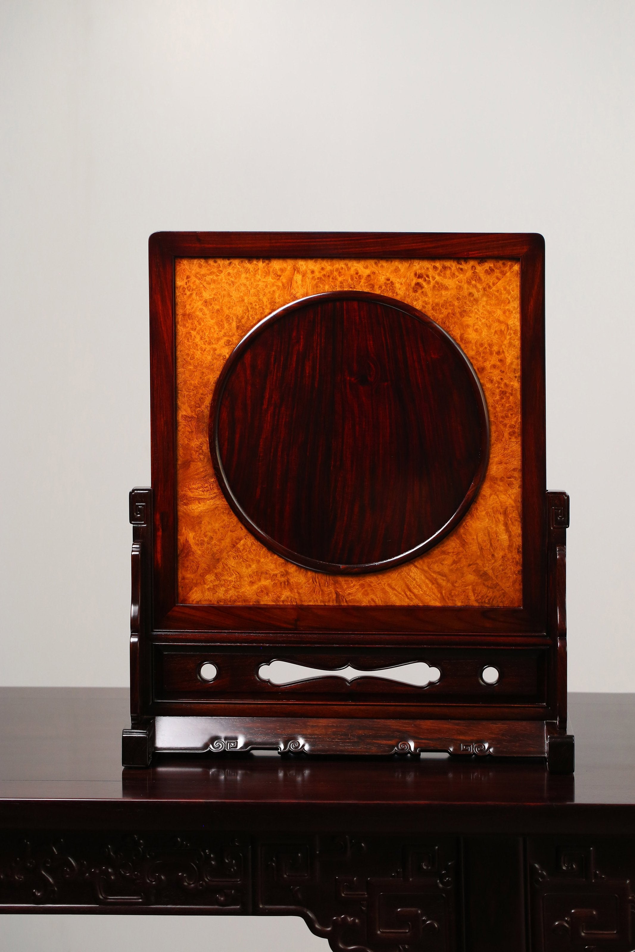 Rosewood Inlaid with Deer and Crane in Springtime Burl Wood Screen