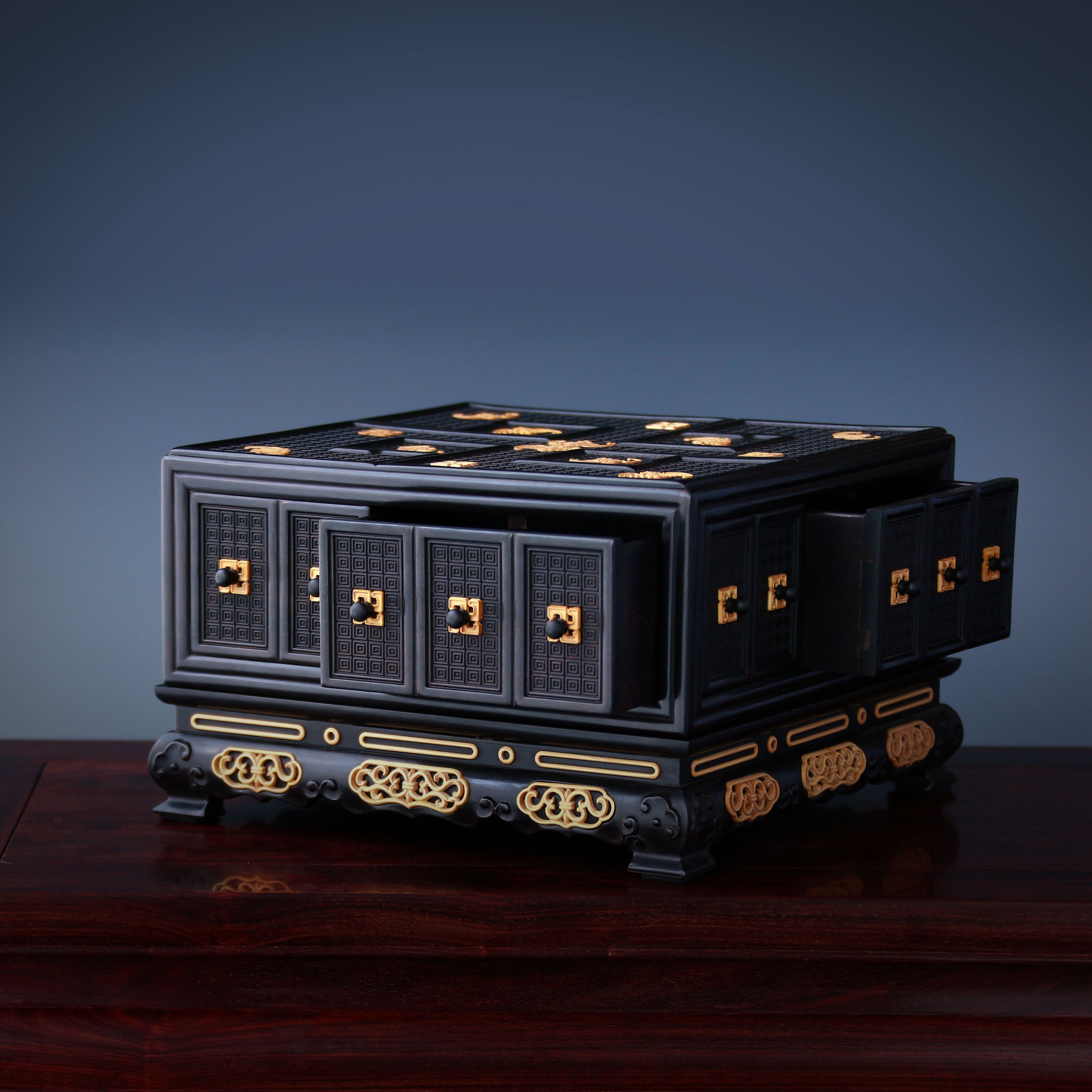 Grand Elegance Hall Treasure Box with Swastika Pattern and Abundant Blessings inlaid with Boxwood
