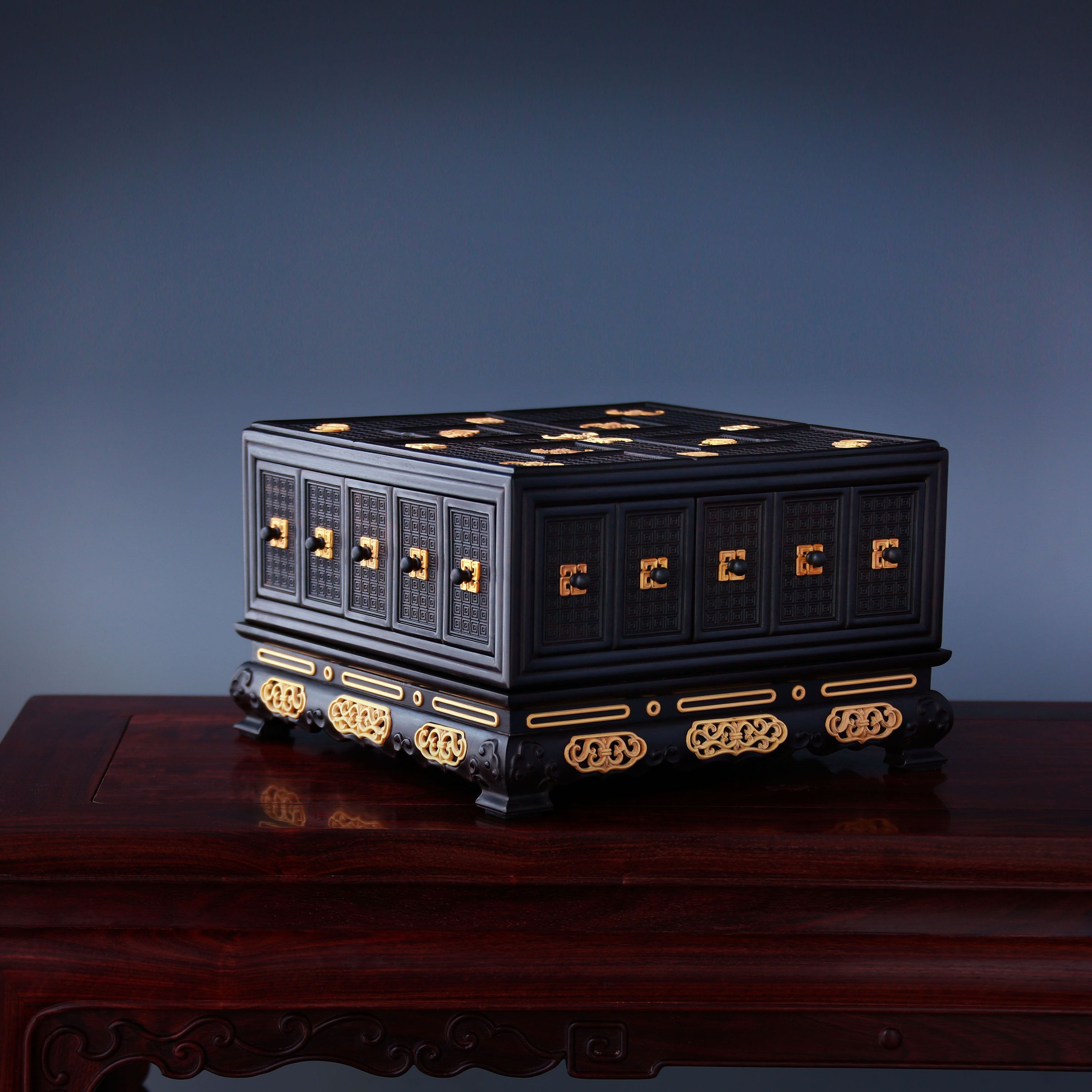 Grand Elegance Hall Treasure Box with Swastika Pattern and Abundant Blessings inlaid with Boxwood