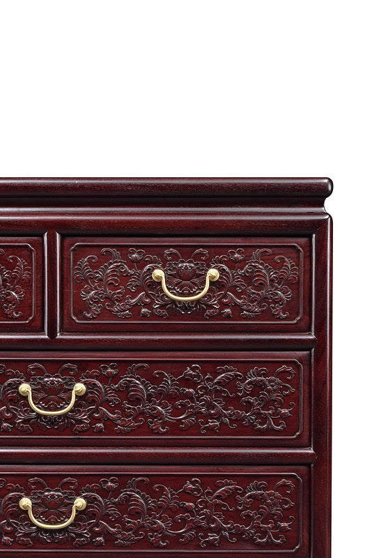 Zambian rosewood passionflower five-drawer chest