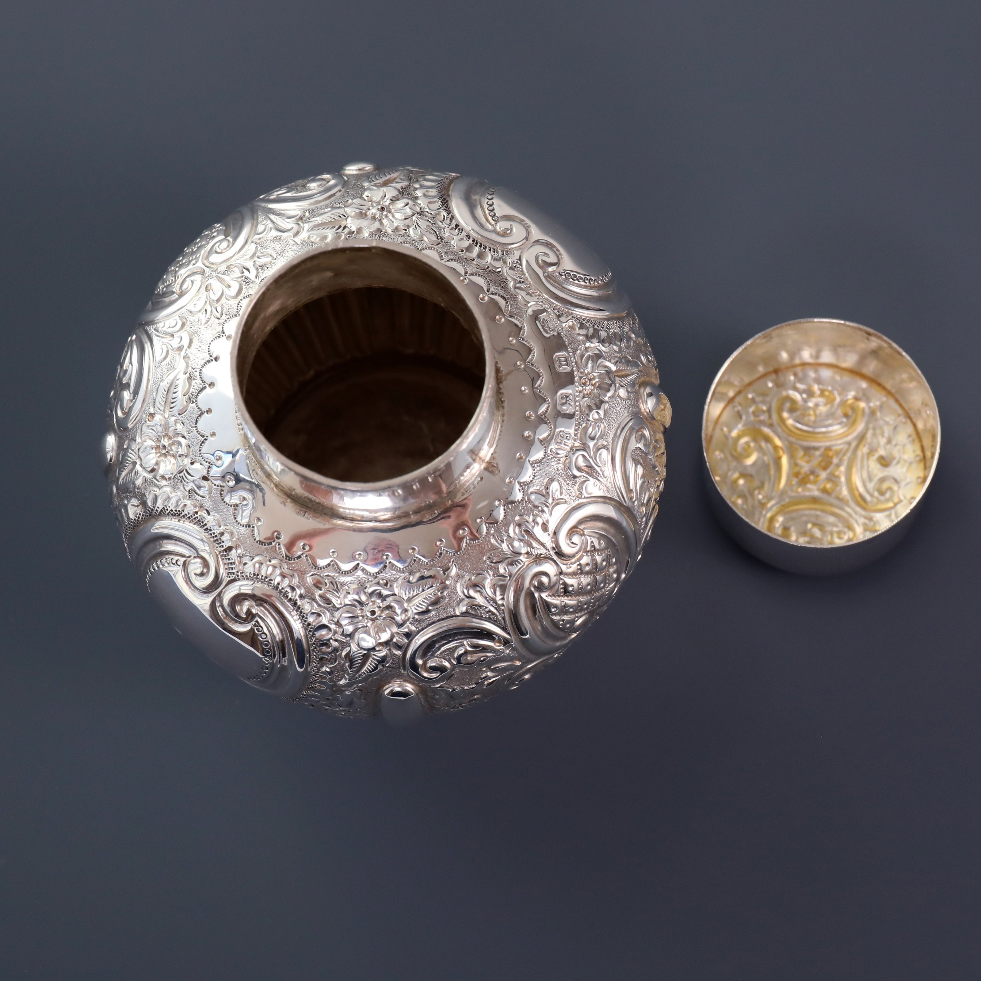 1896 British sterling silver embossed tea caddy