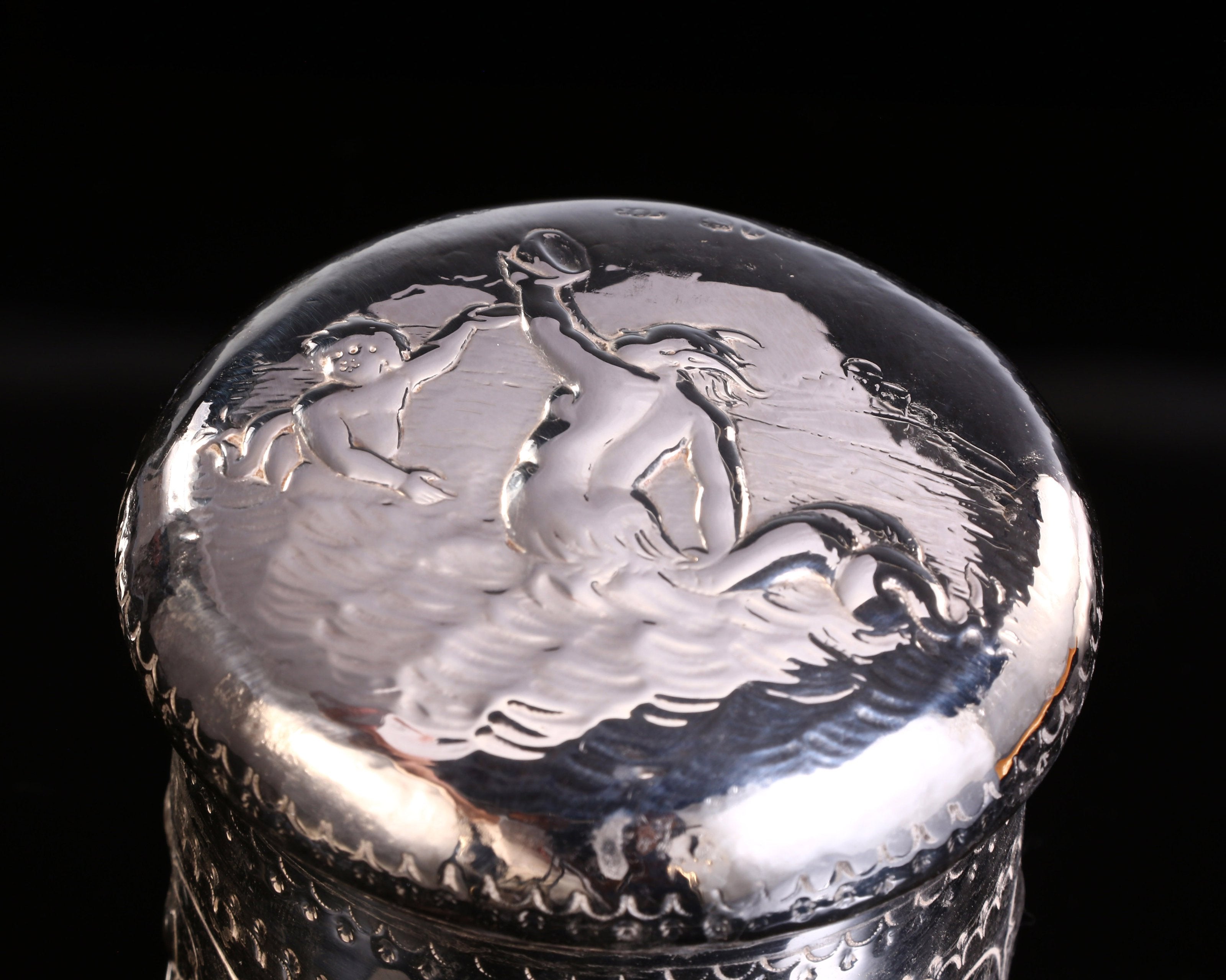 1884 British sterling silver tea caddy with relief floral and figure design