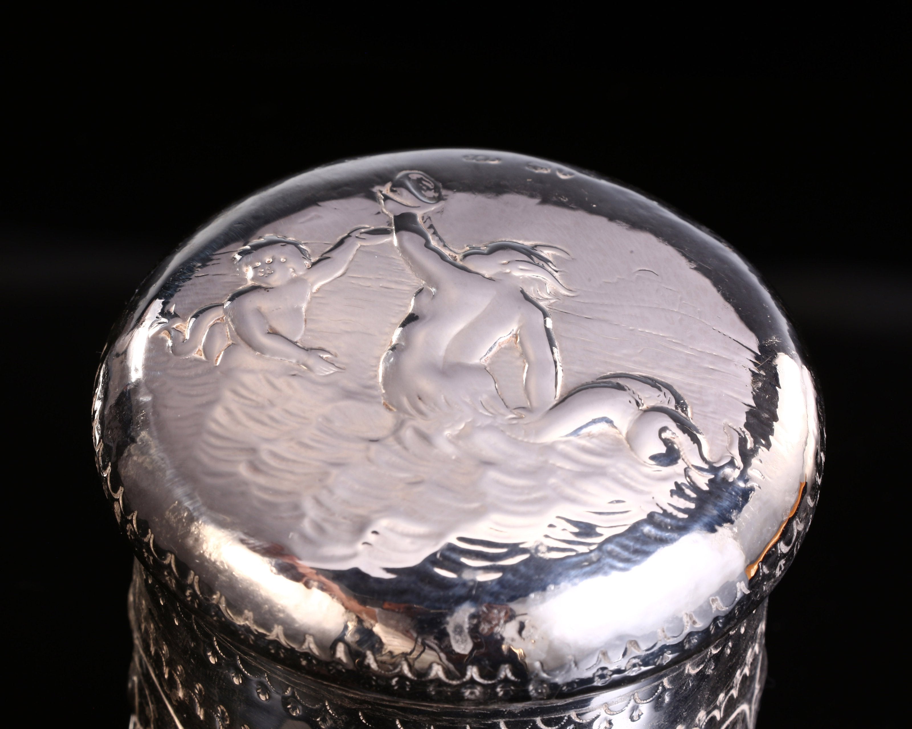 1884 British sterling silver tea caddy with relief floral and figure design