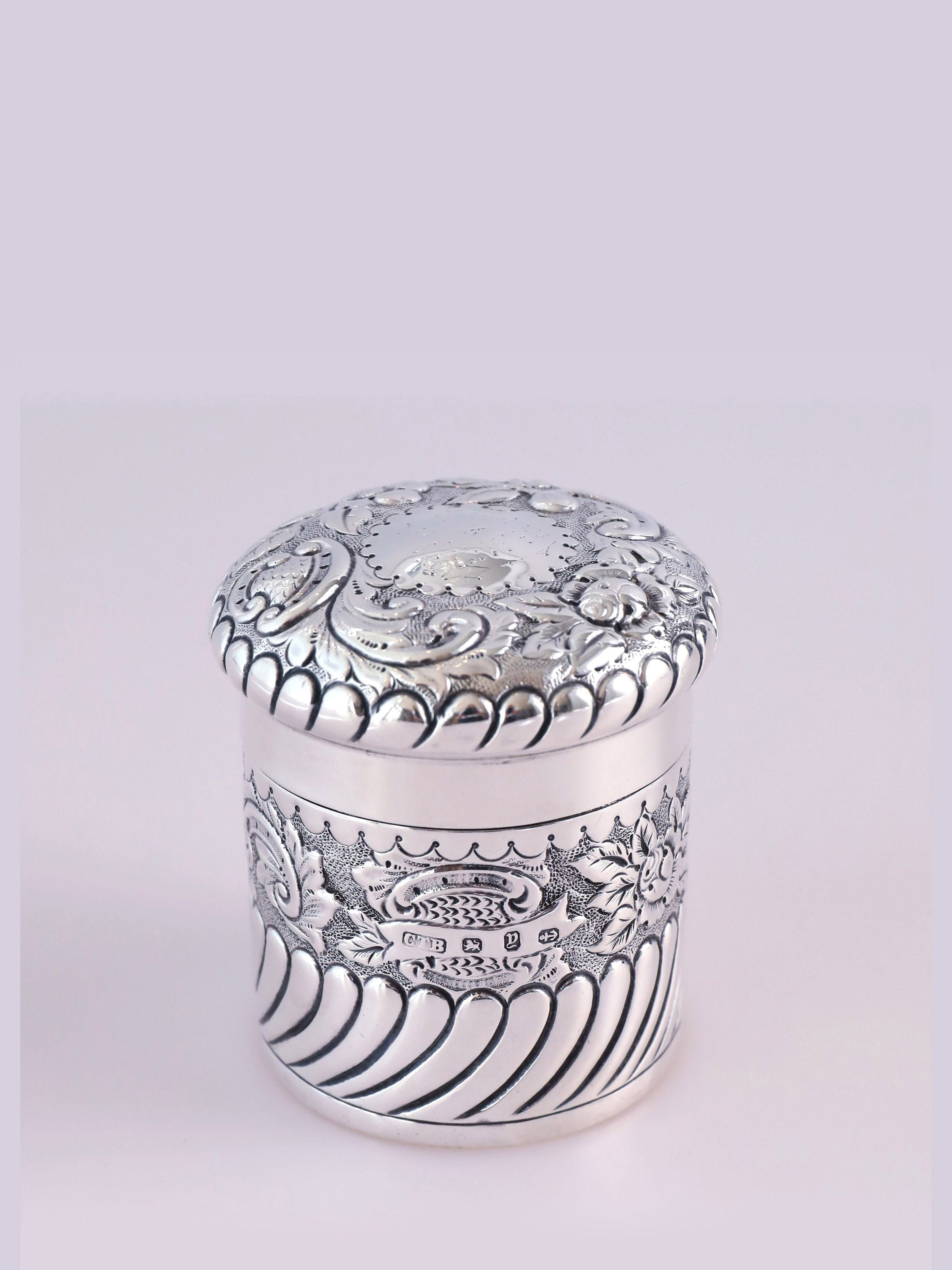 1898 British Sterling Silver Tea Canister with Scrolling Floral Design