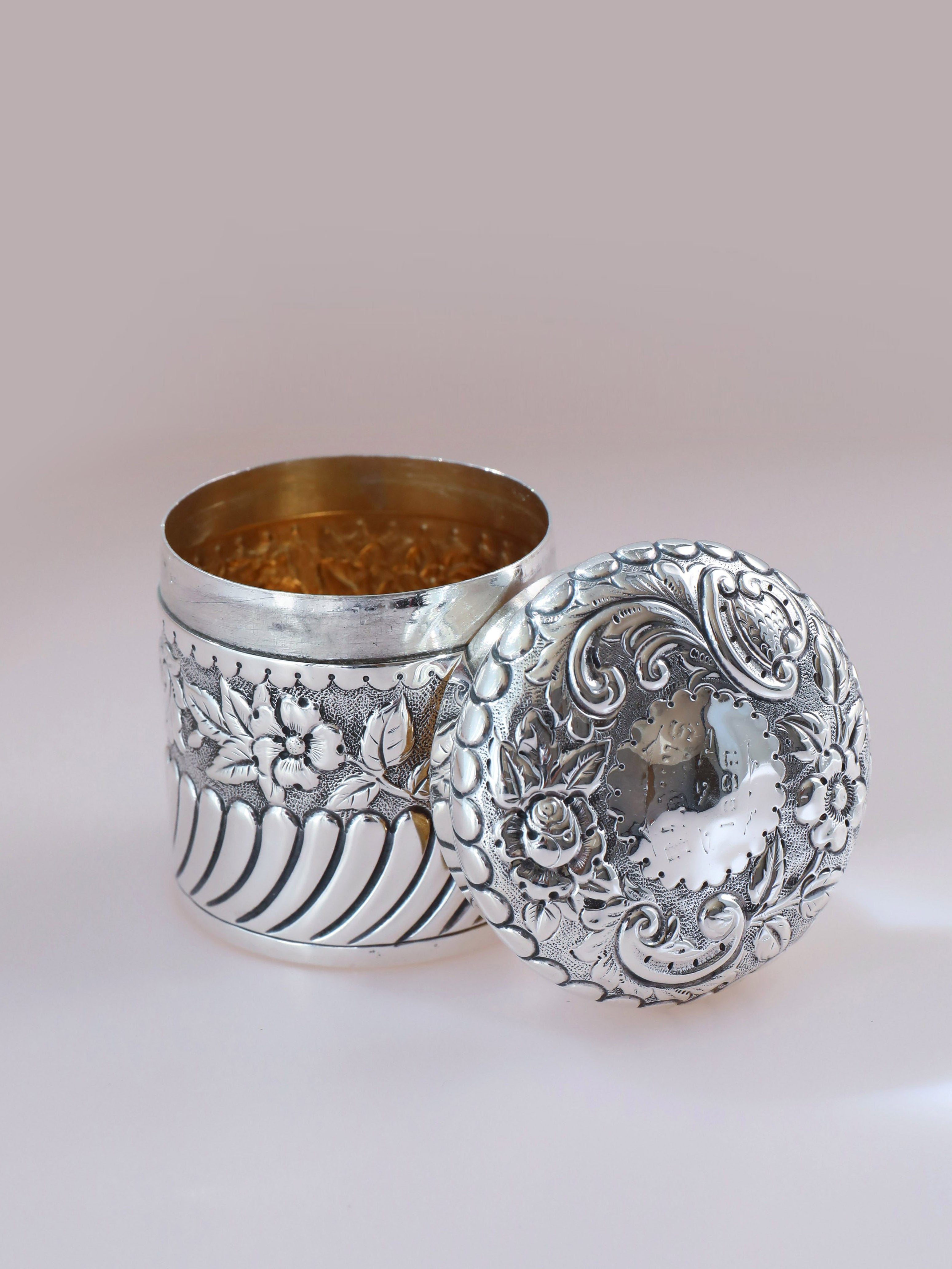 1898 British Sterling Silver Tea Canister with Scrolling Floral Design