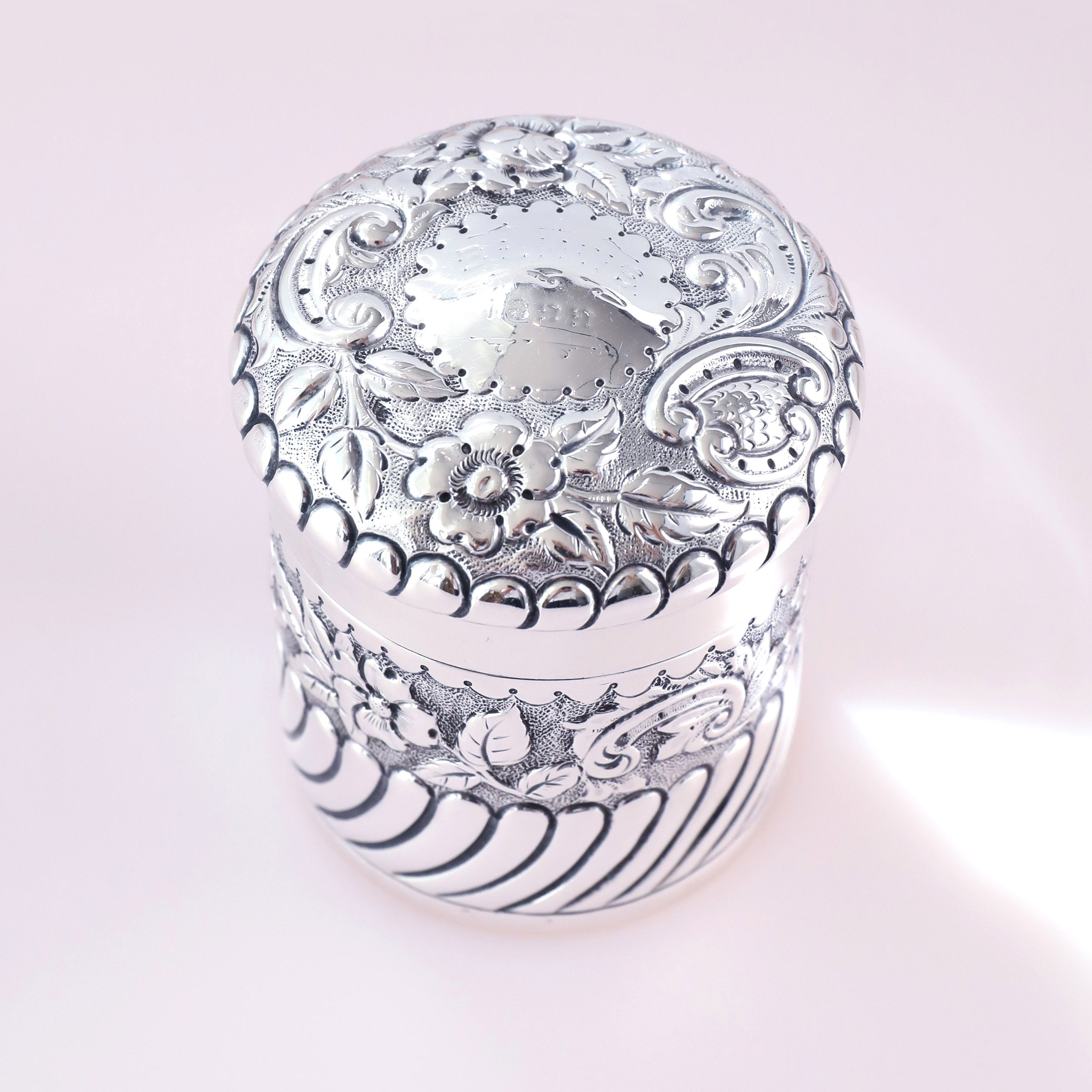 1898 British Sterling Silver Tea Canister with Scrolling Floral Design