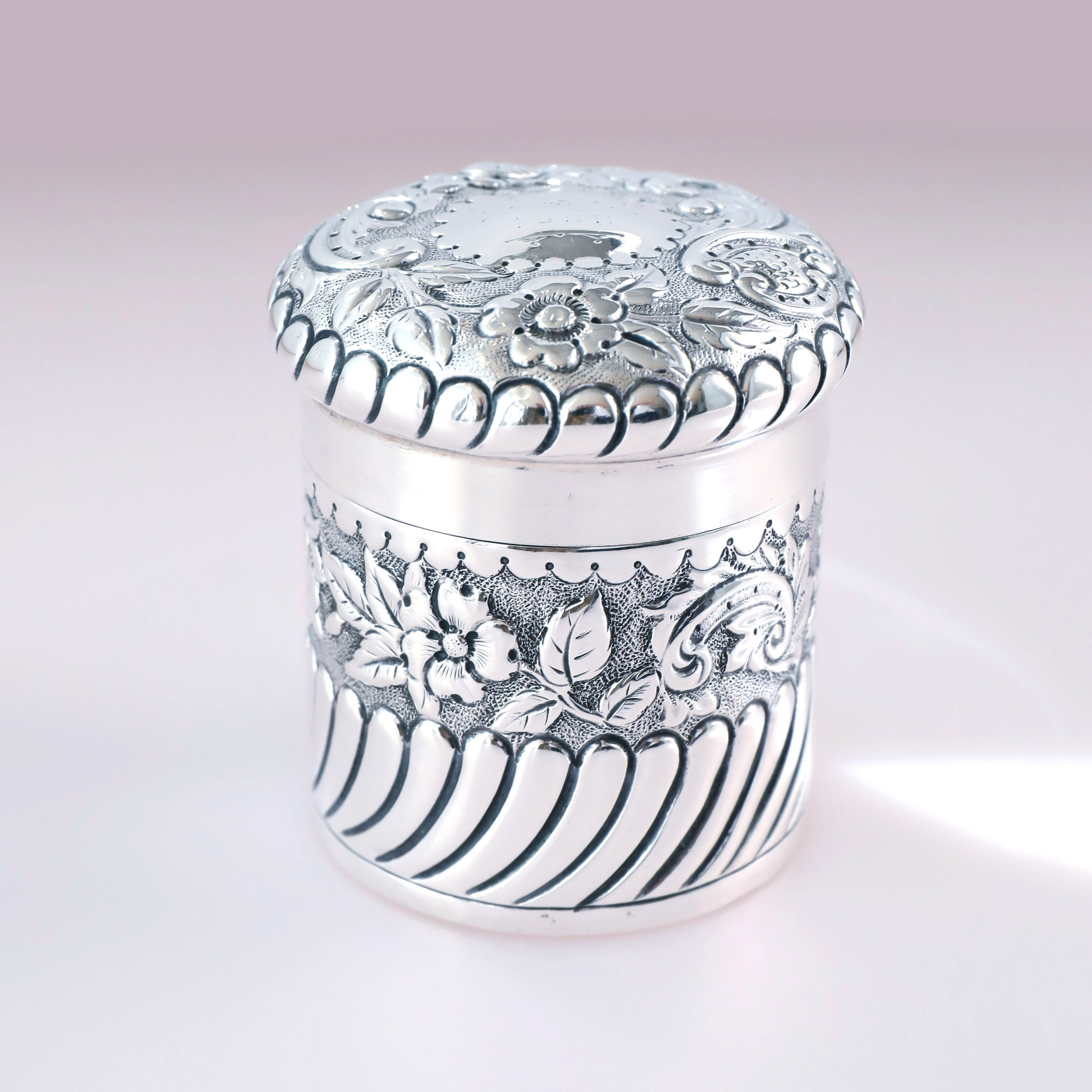 1898 British Sterling Silver Tea Canister with Scrolling Floral Design