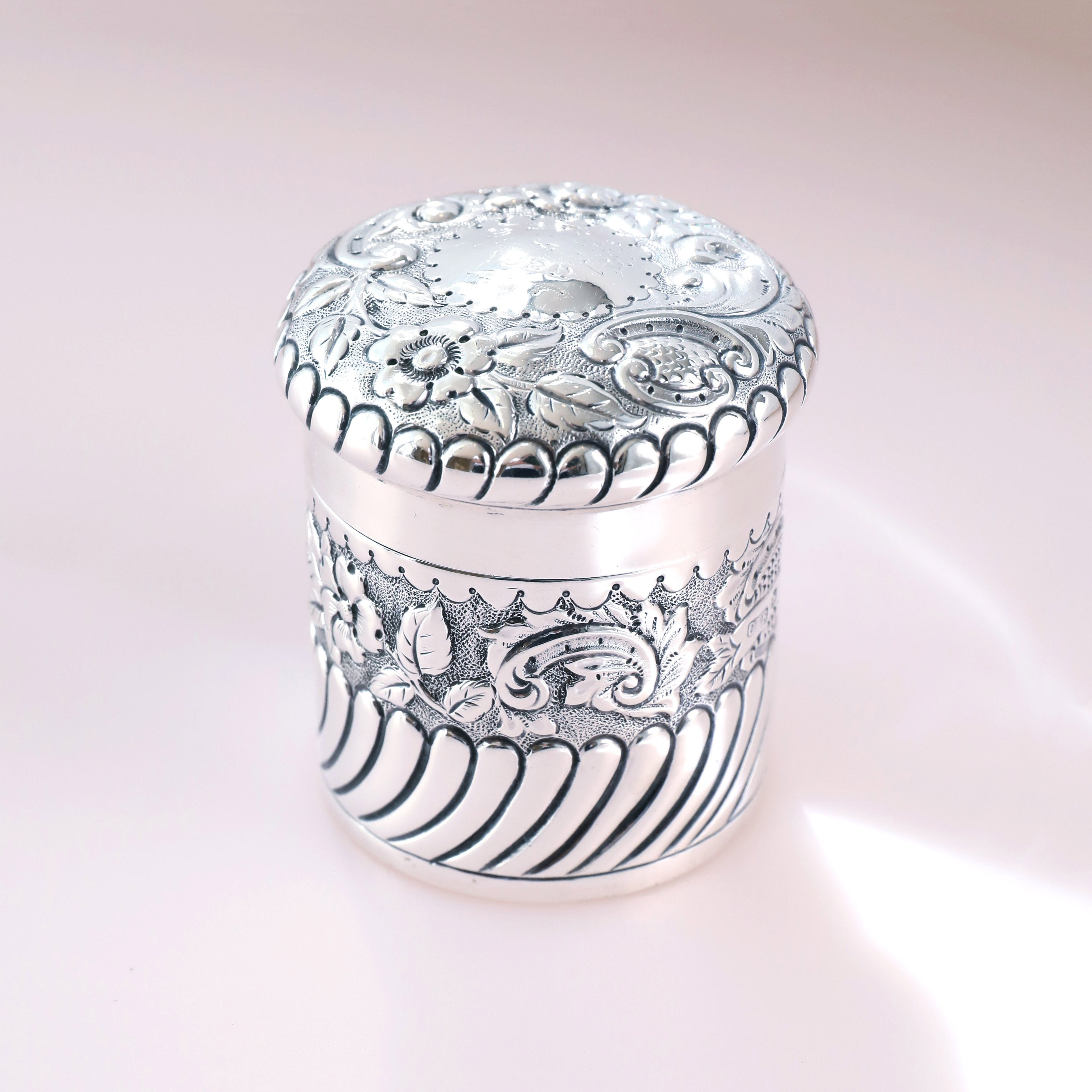 1898 British Sterling Silver Tea Canister with Scrolling Floral Design