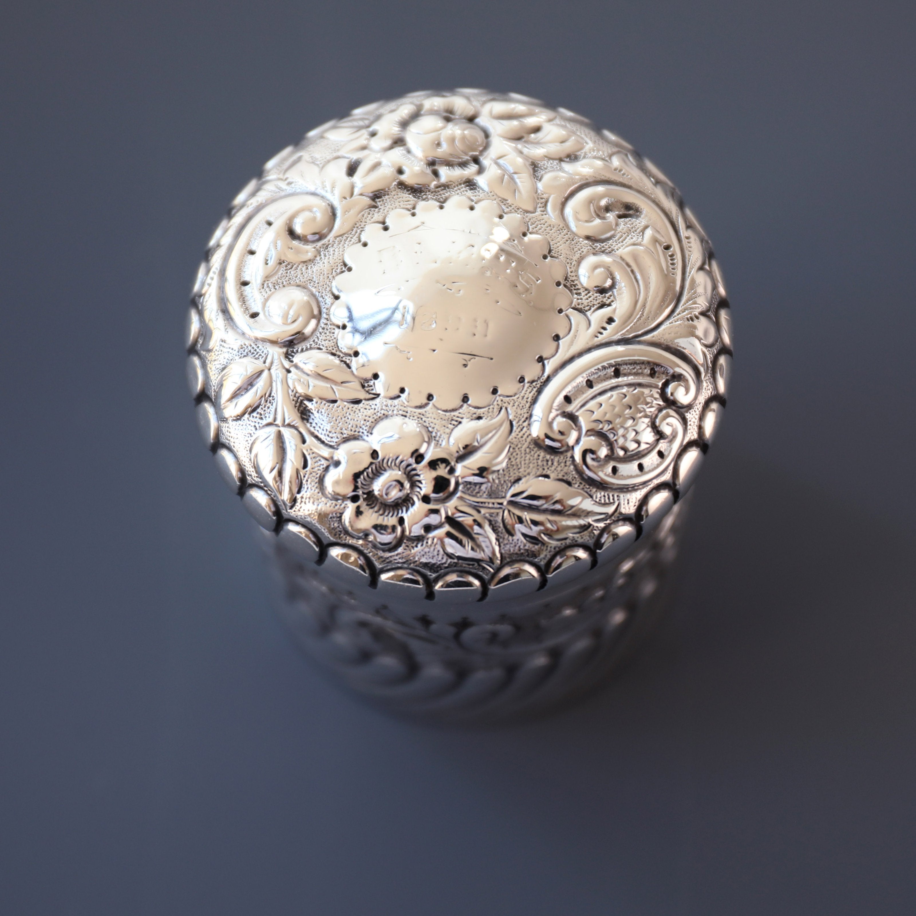 1898 British Sterling Silver Tea Canister with Scrolling Floral Design