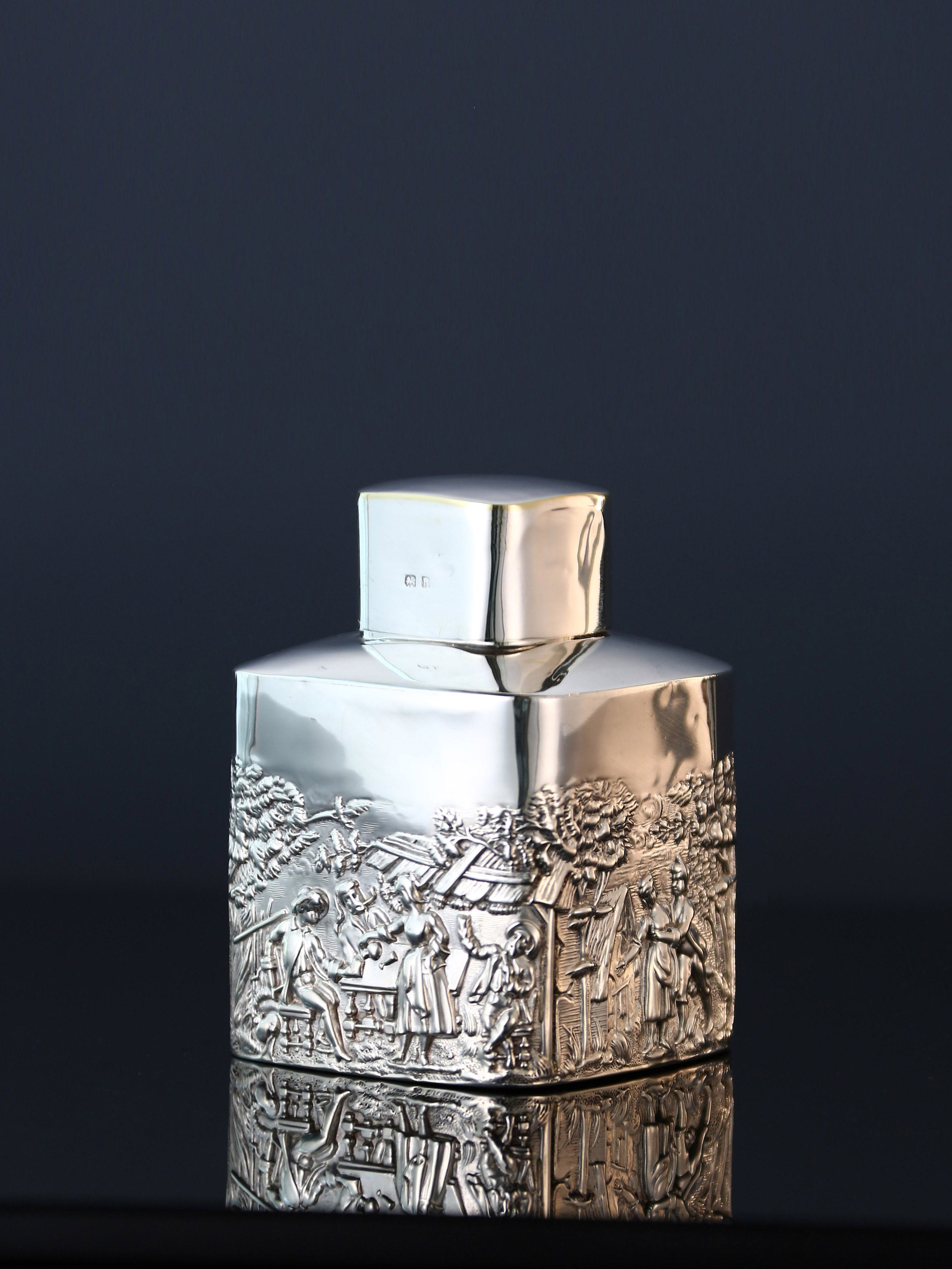 1907 British sterling silver relief pastoral scene tea canister
