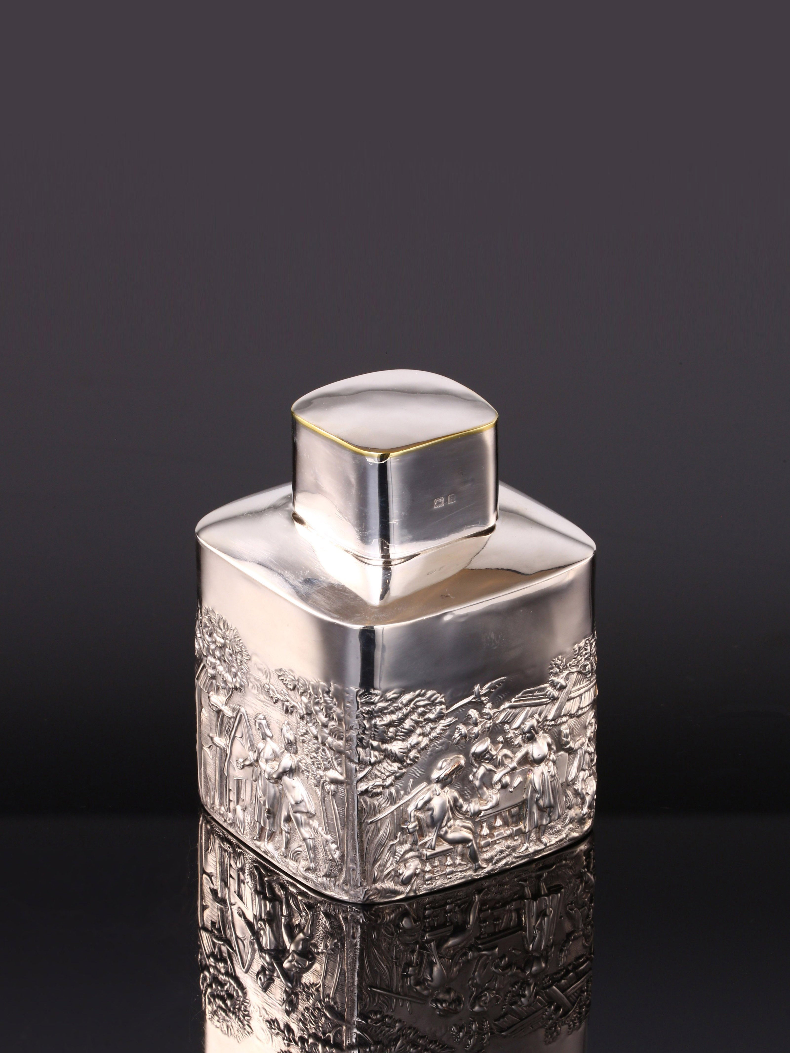 1907 British sterling silver relief pastoral scene tea canister