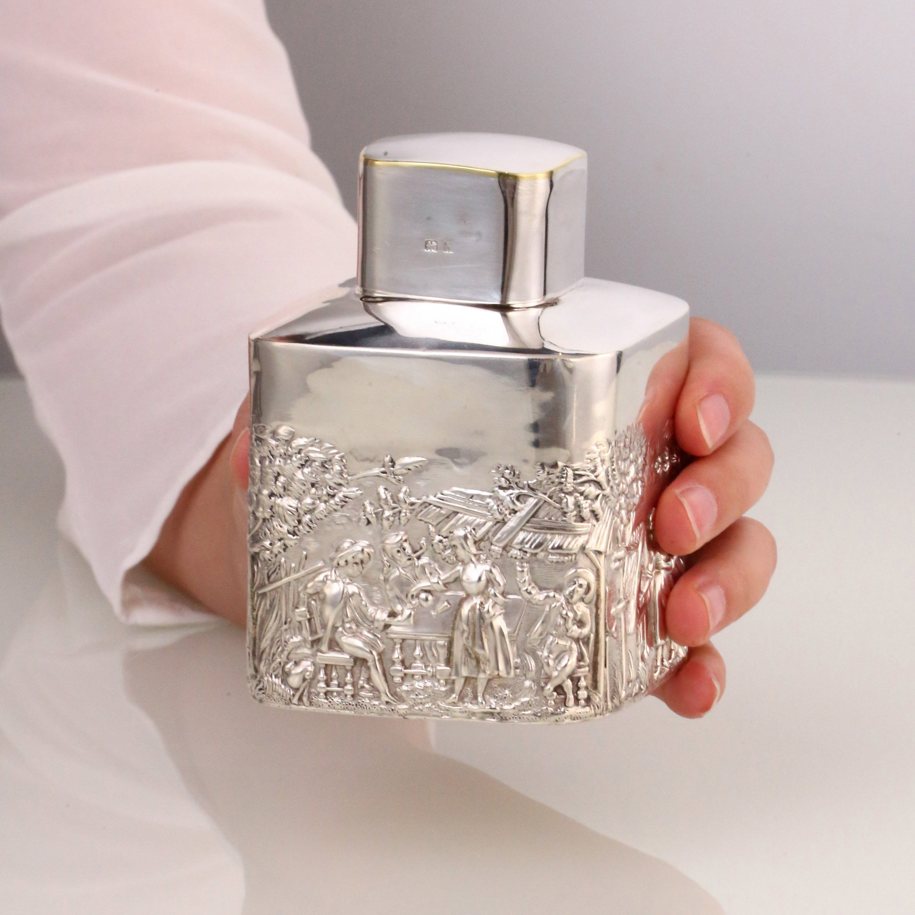 1907 British sterling silver relief pastoral scene tea canister