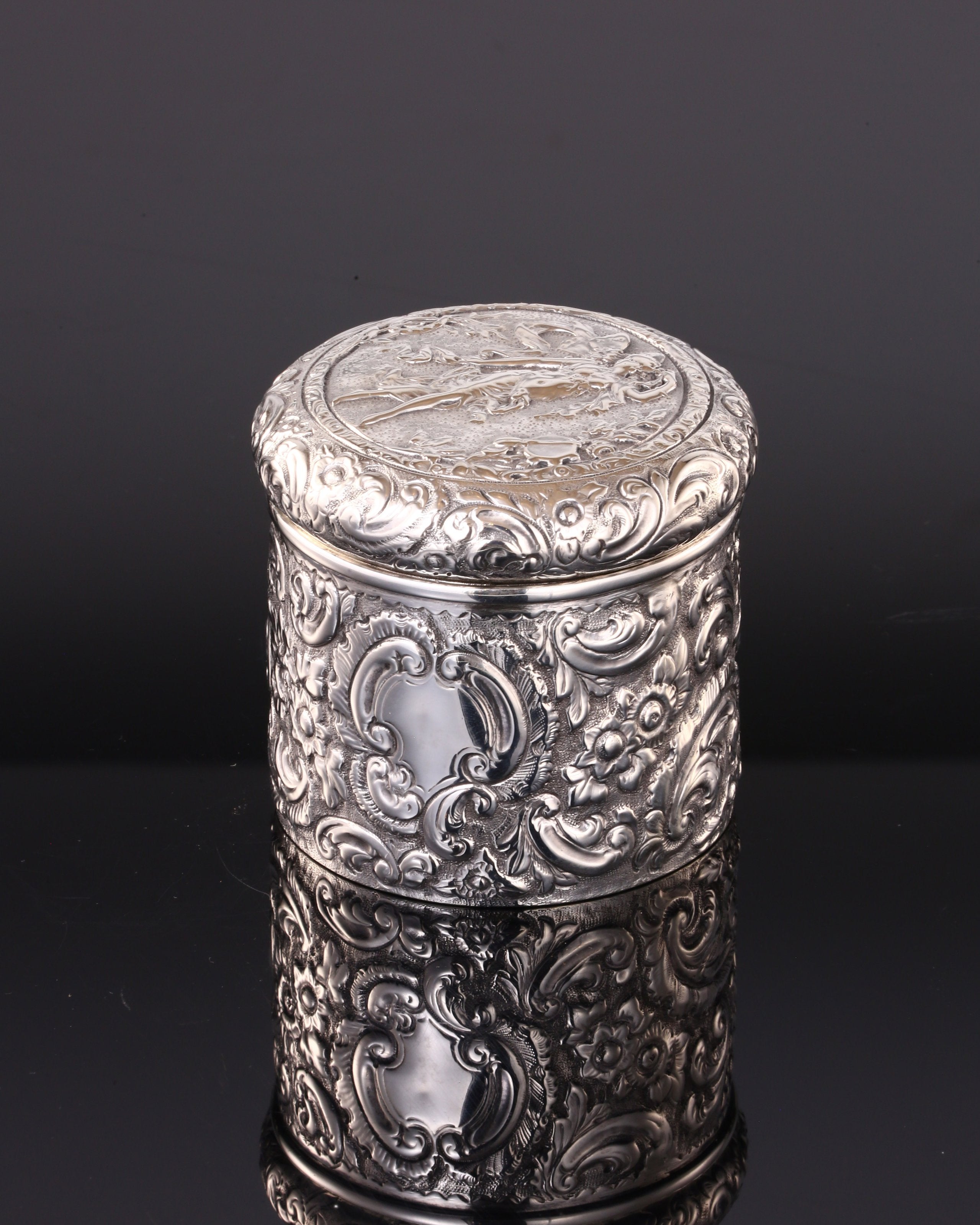 1894 British gilt-lined tea caddy with relief floral and figure design