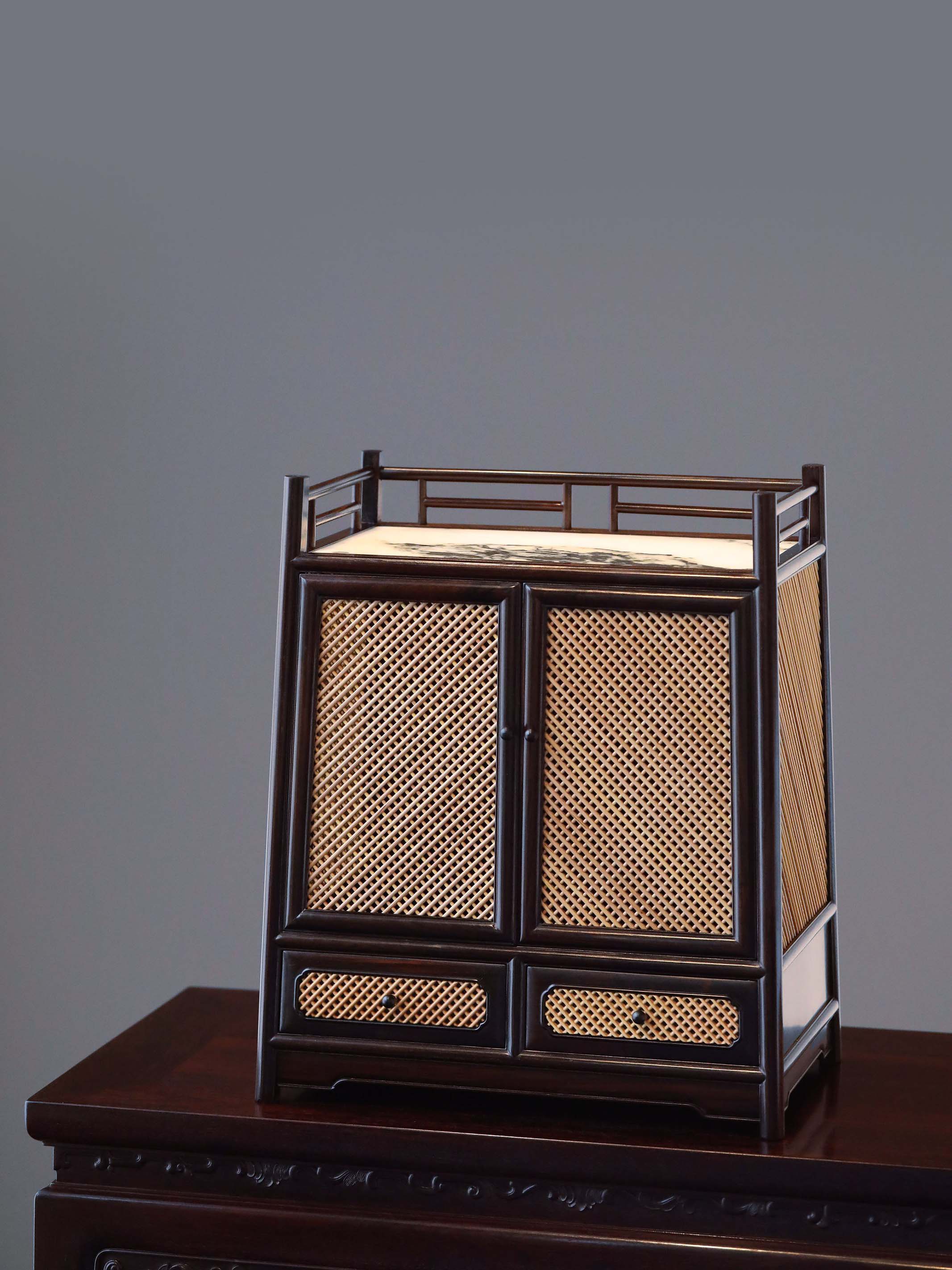 Rosewood inlaid with boxwood and marble bamboo tea cabinet