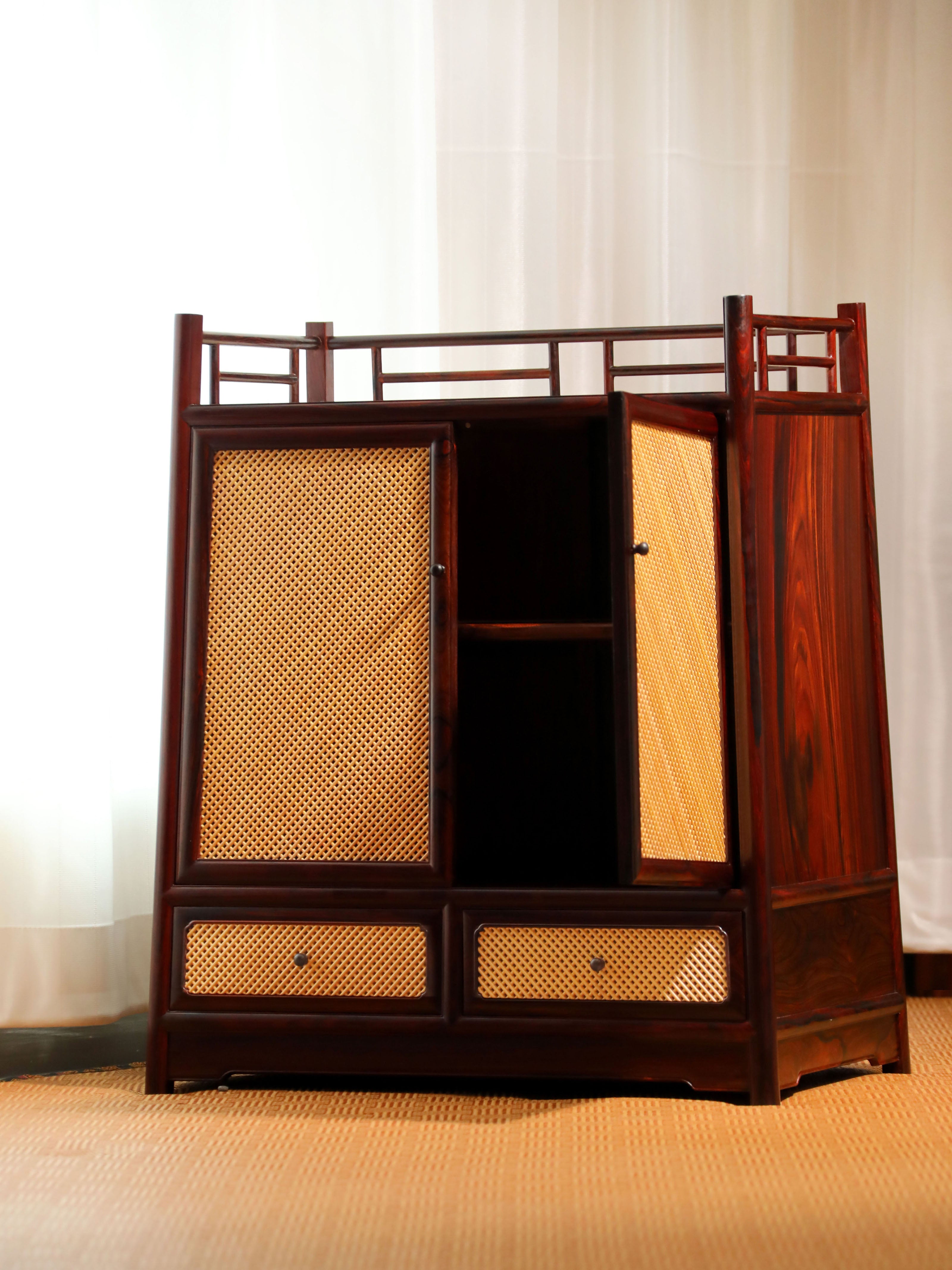 Rosewood inlaid with boxwood and marble bamboo tea cabinet