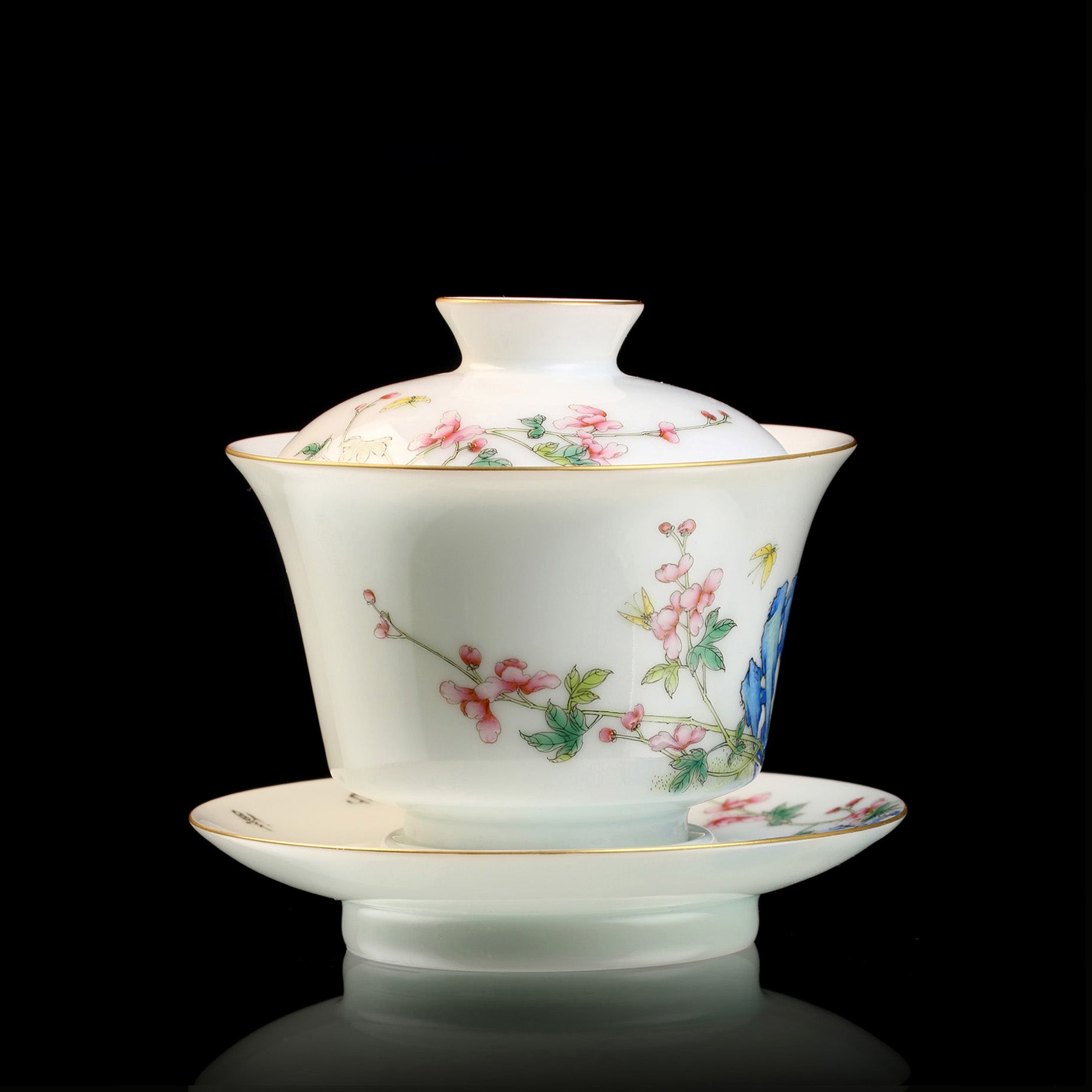 Enameled Begonia Lidded Bowl/Tea Cup