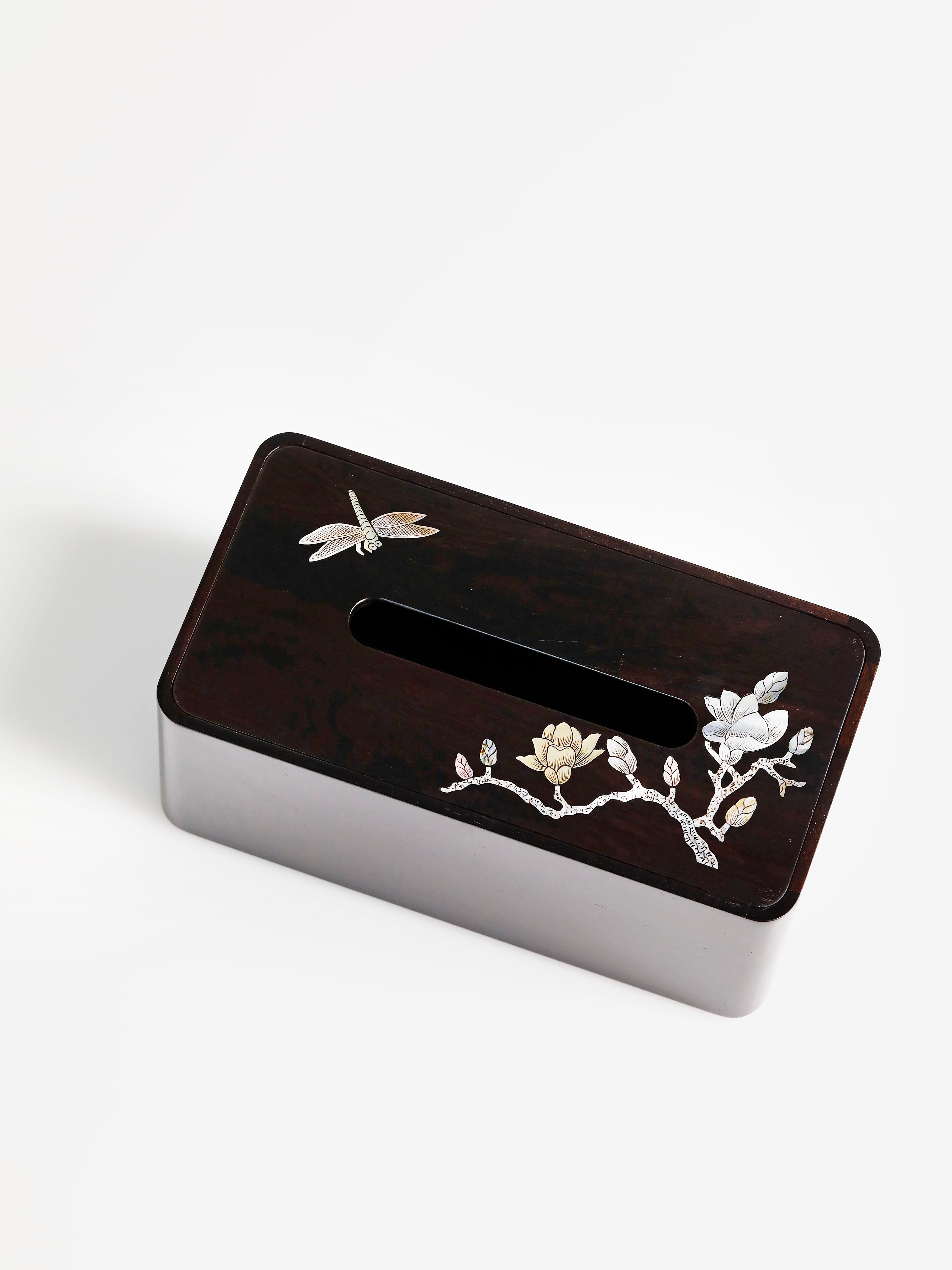 Purple sandalwood mother-of-pearl inlaid magnolia and wealth-themed tissue box