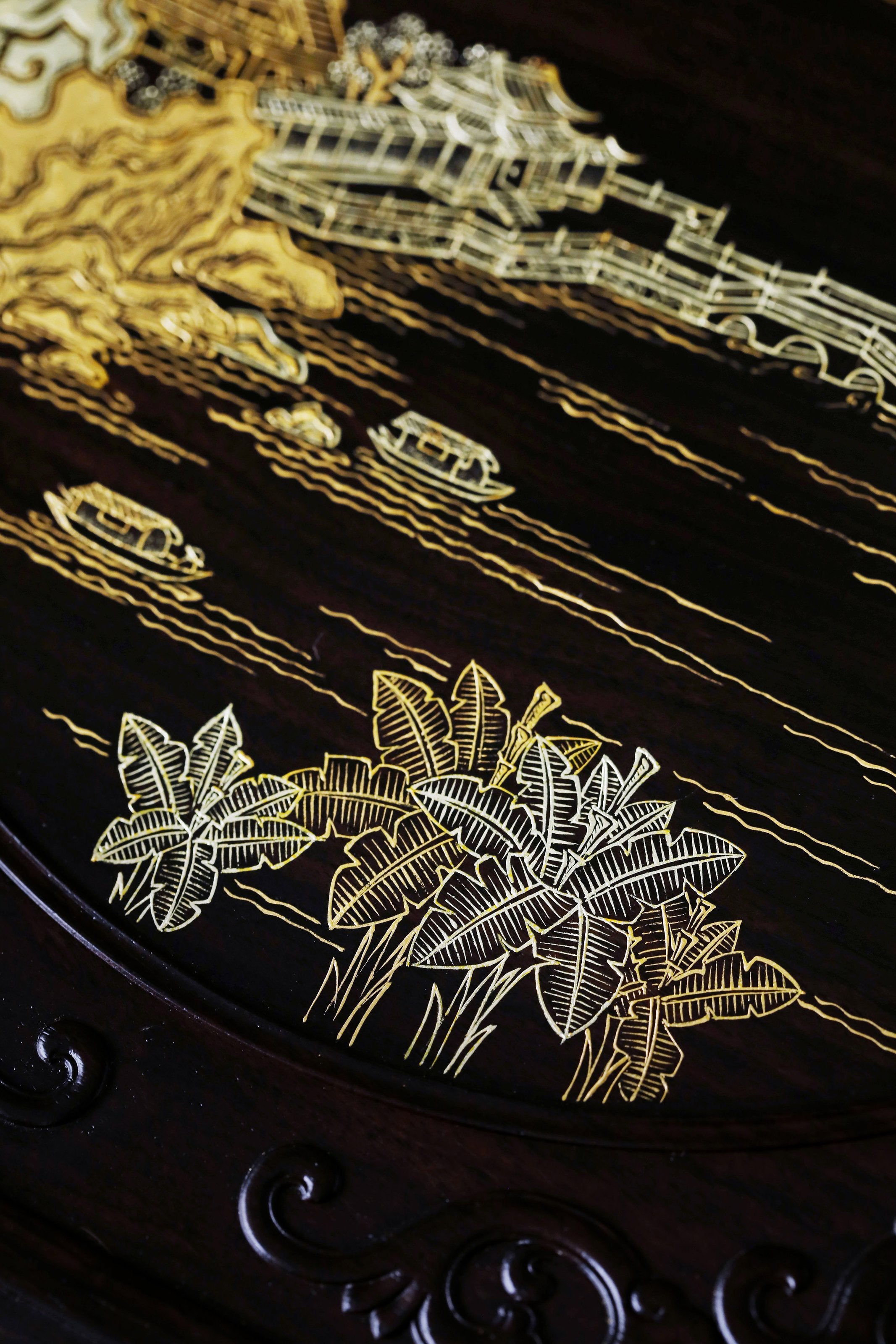 Purple sandalwood gilded fairy pavilion pattern three-tiered octagonal tea box