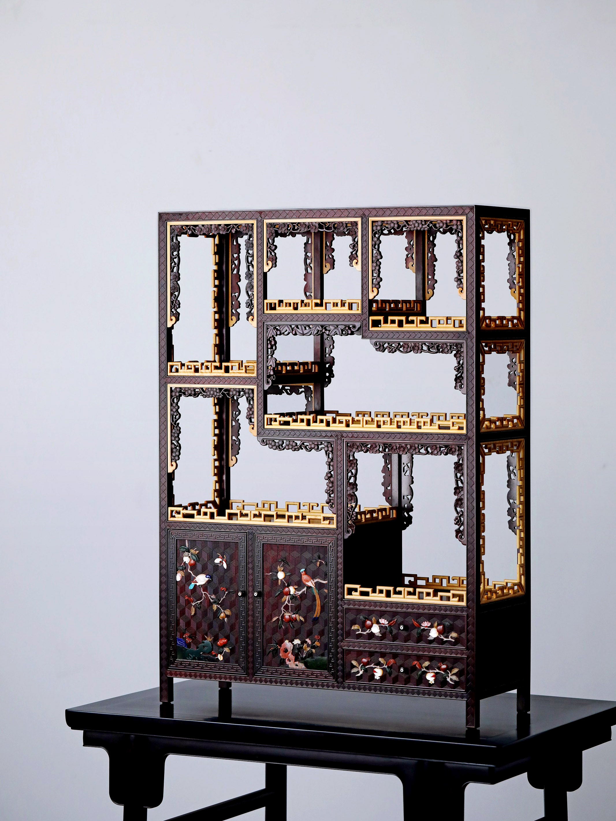Small-leaf sandalwood inlaid table with antique display shelf