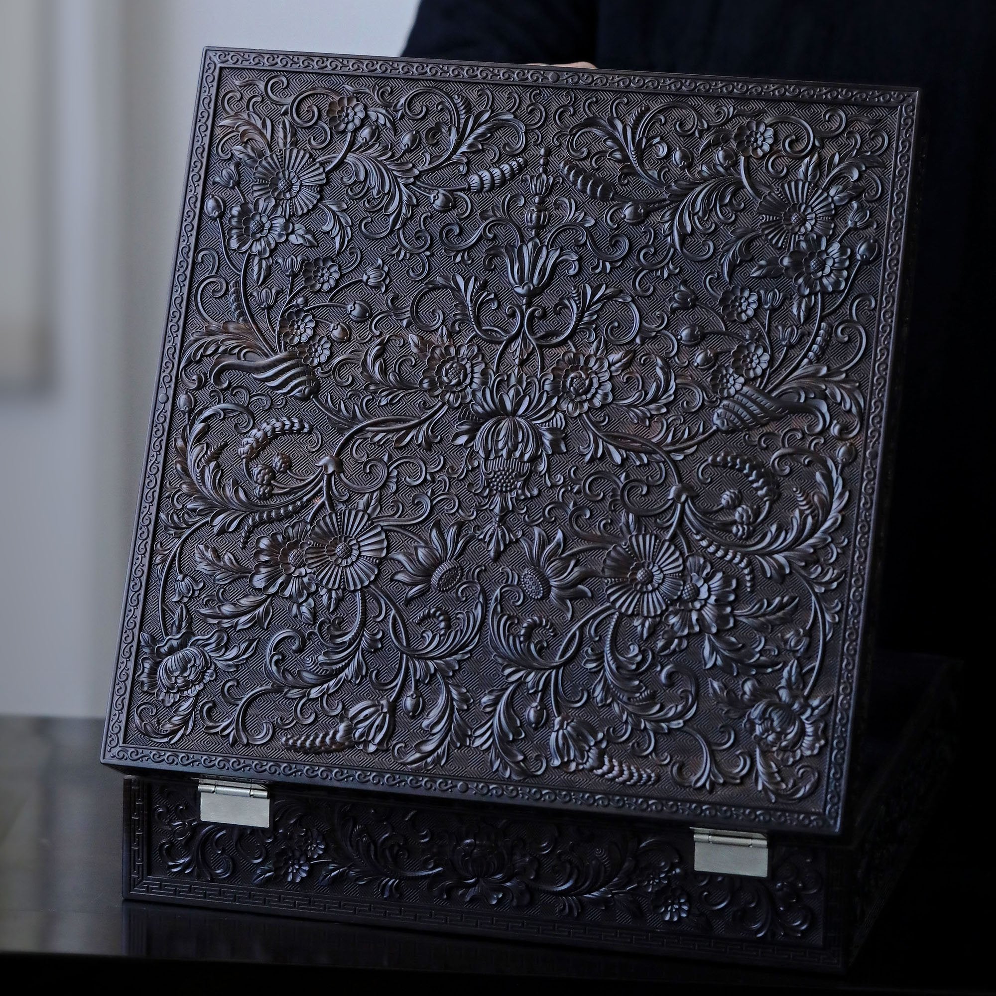 Purple sandalwood passionflower carved tea box