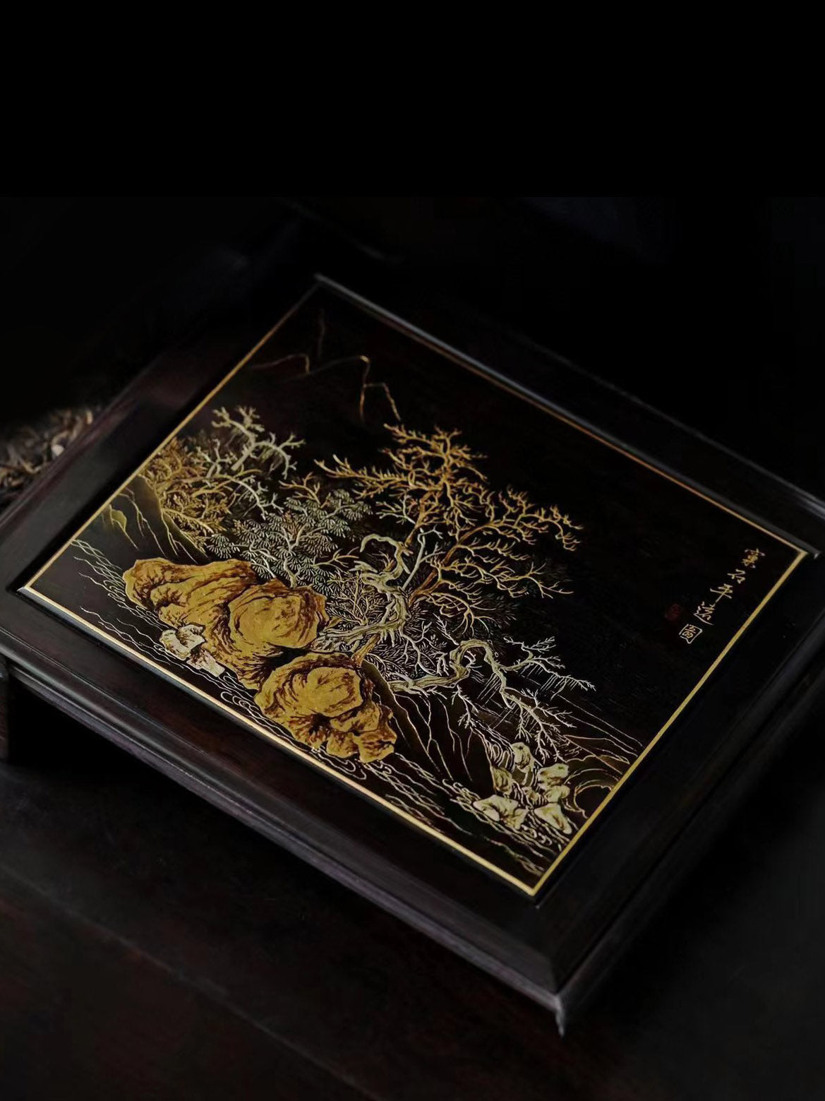 Purple sandalwood fairy pavilion picture/rocky distant view picture gilded pull-out tea box