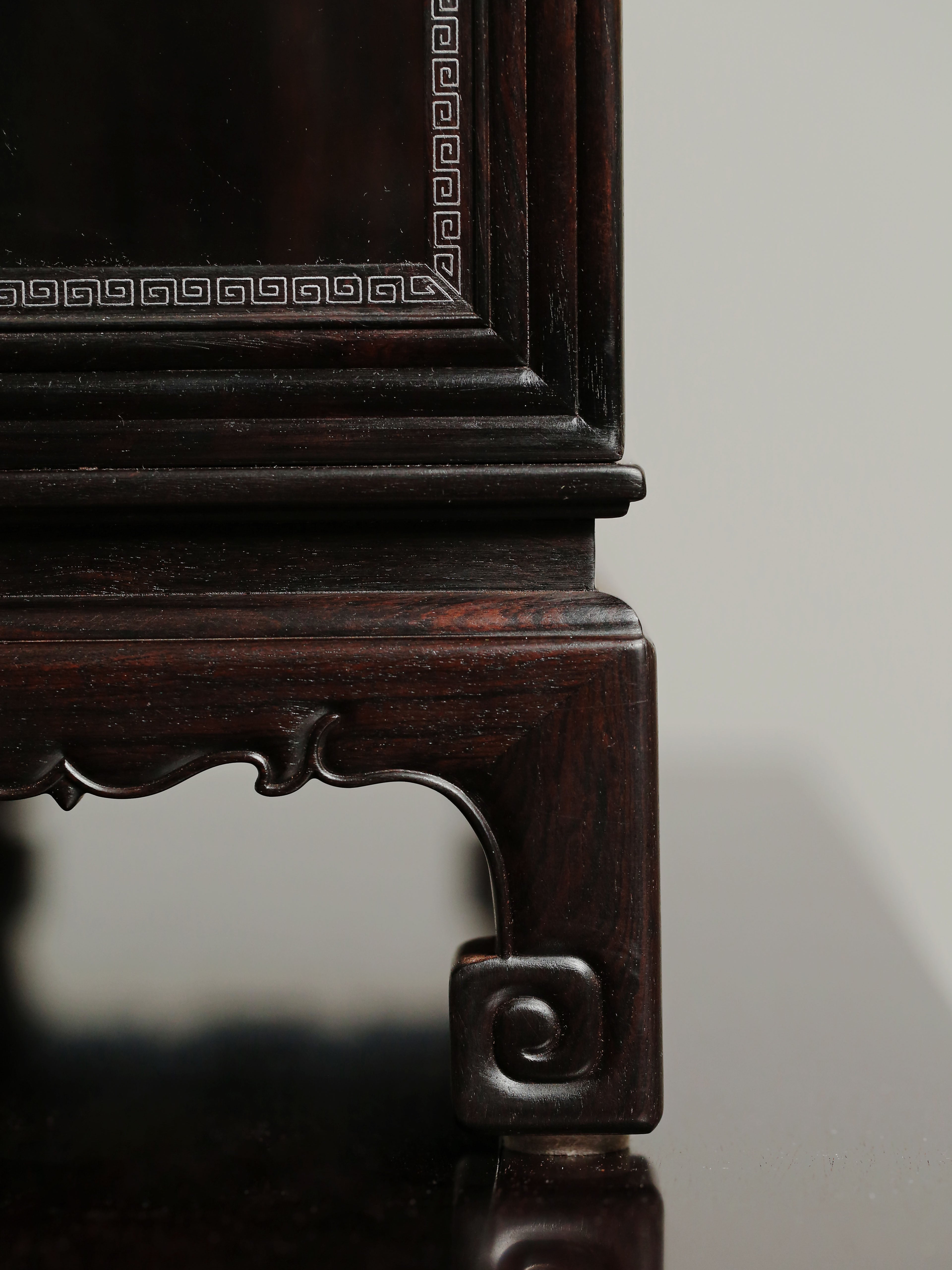 Purple sandalwood inlaid with silver wire fretwork multi-treasure cabinet