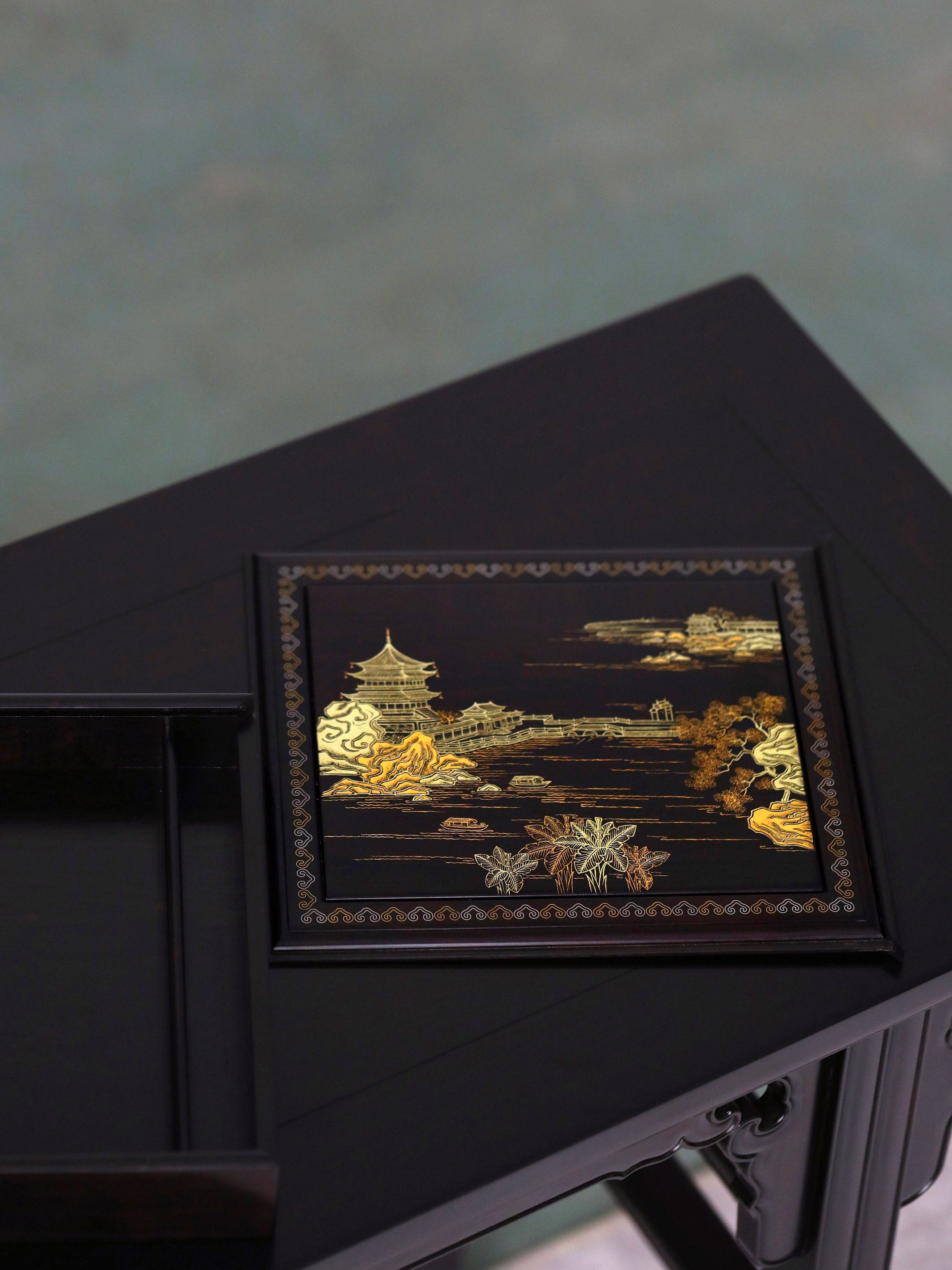 Purple sandalwood fairy pavilion picture/rocky distant view picture gilded pull-out tea box