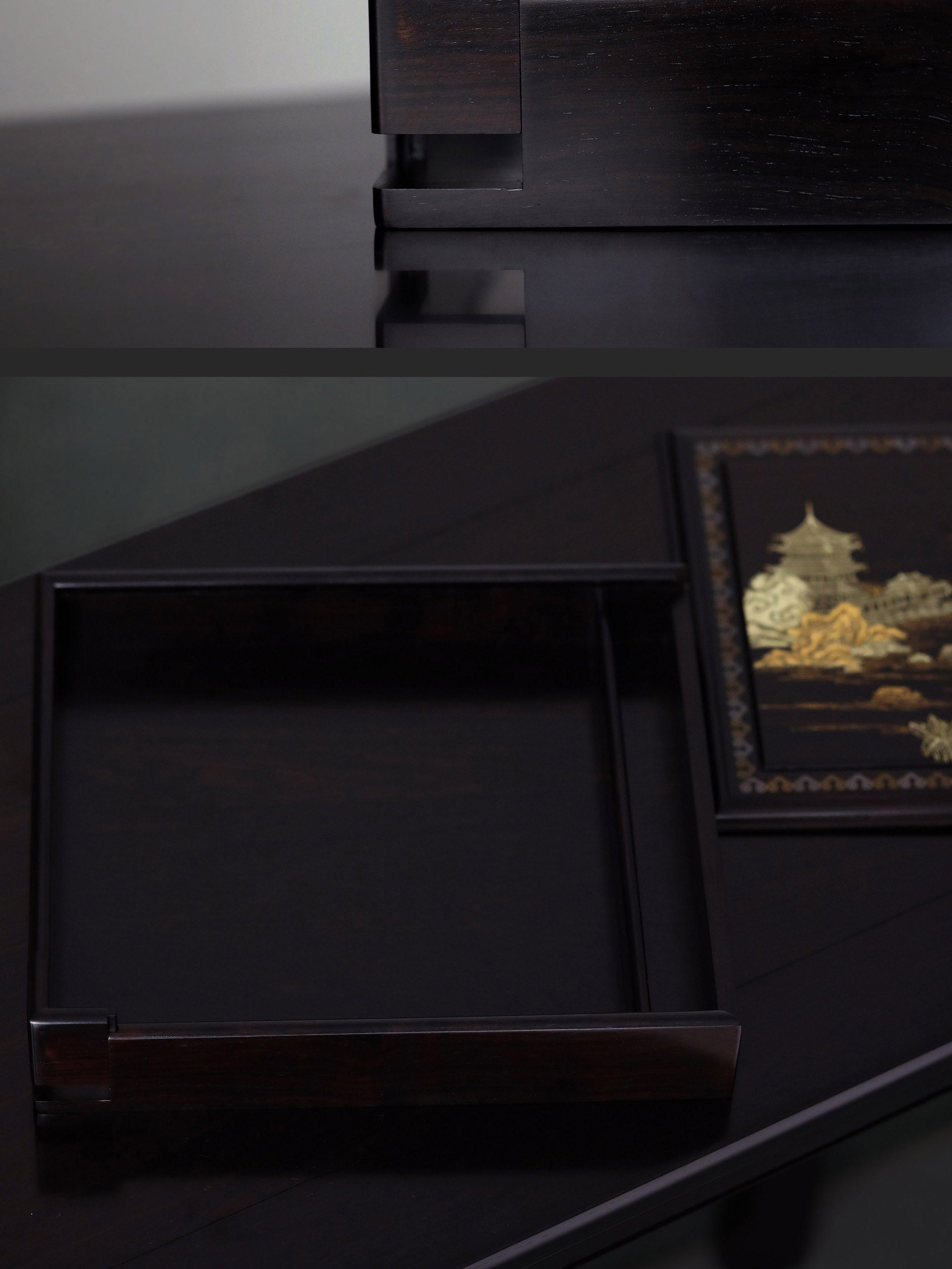 Purple sandalwood fairy pavilion picture/rocky distant view picture gilded pull-out tea box