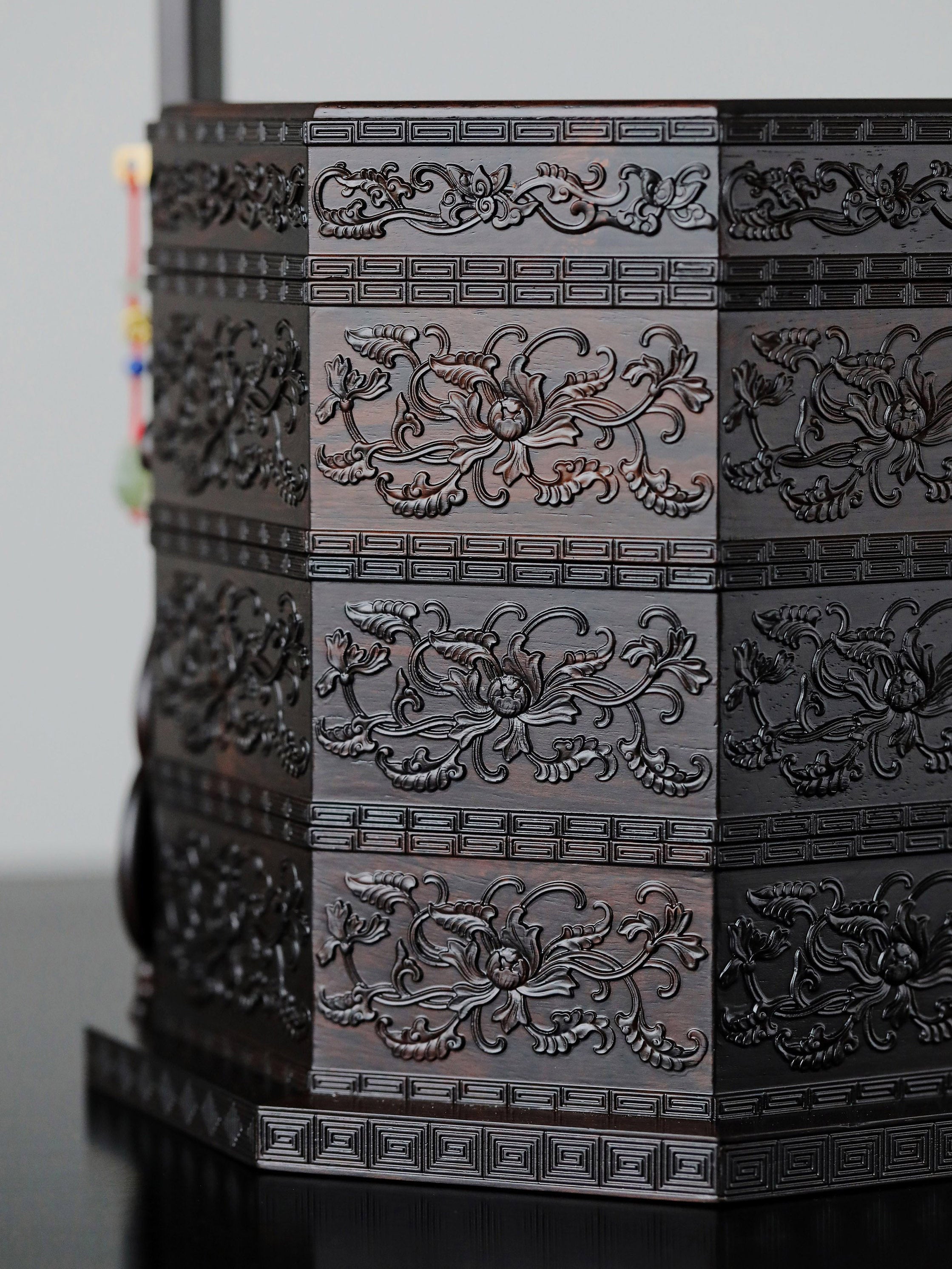 Purple sandalwood carved passionflower octagonal box