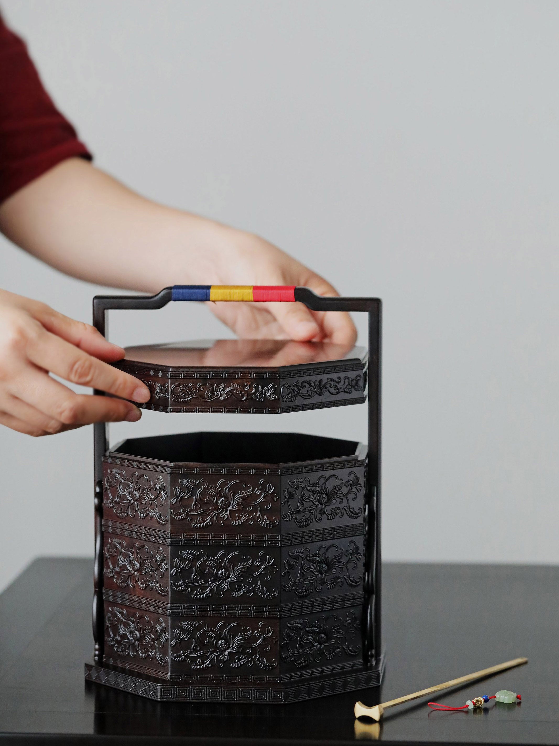 Purple sandalwood carved passionflower octagonal box