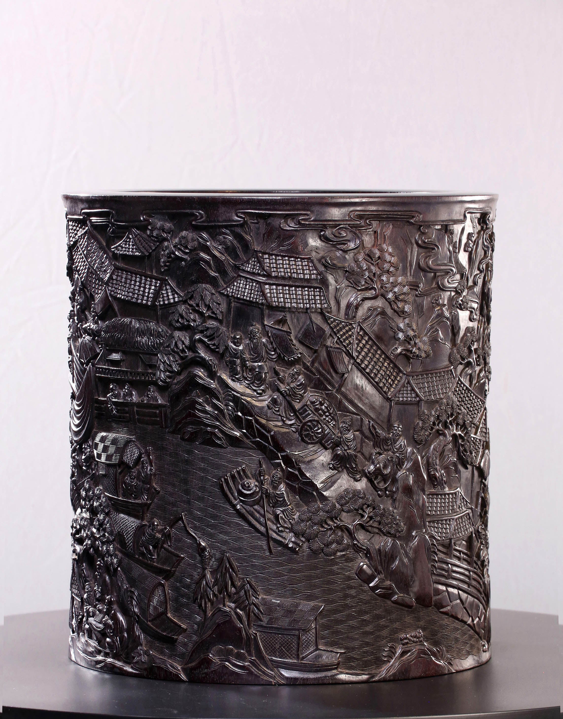Indian rosewood brush holder depicting the Qingming Scroll