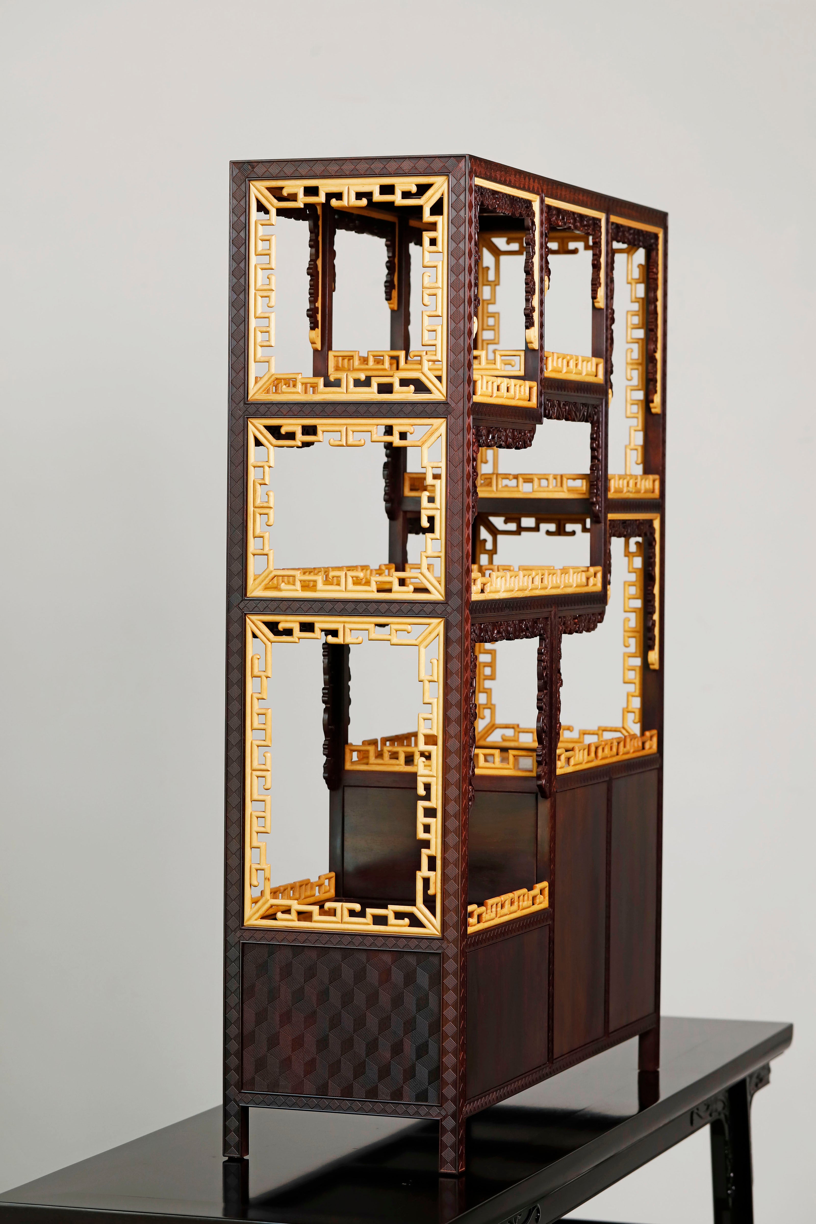 Small-leaf sandalwood inlaid table with antique display shelf