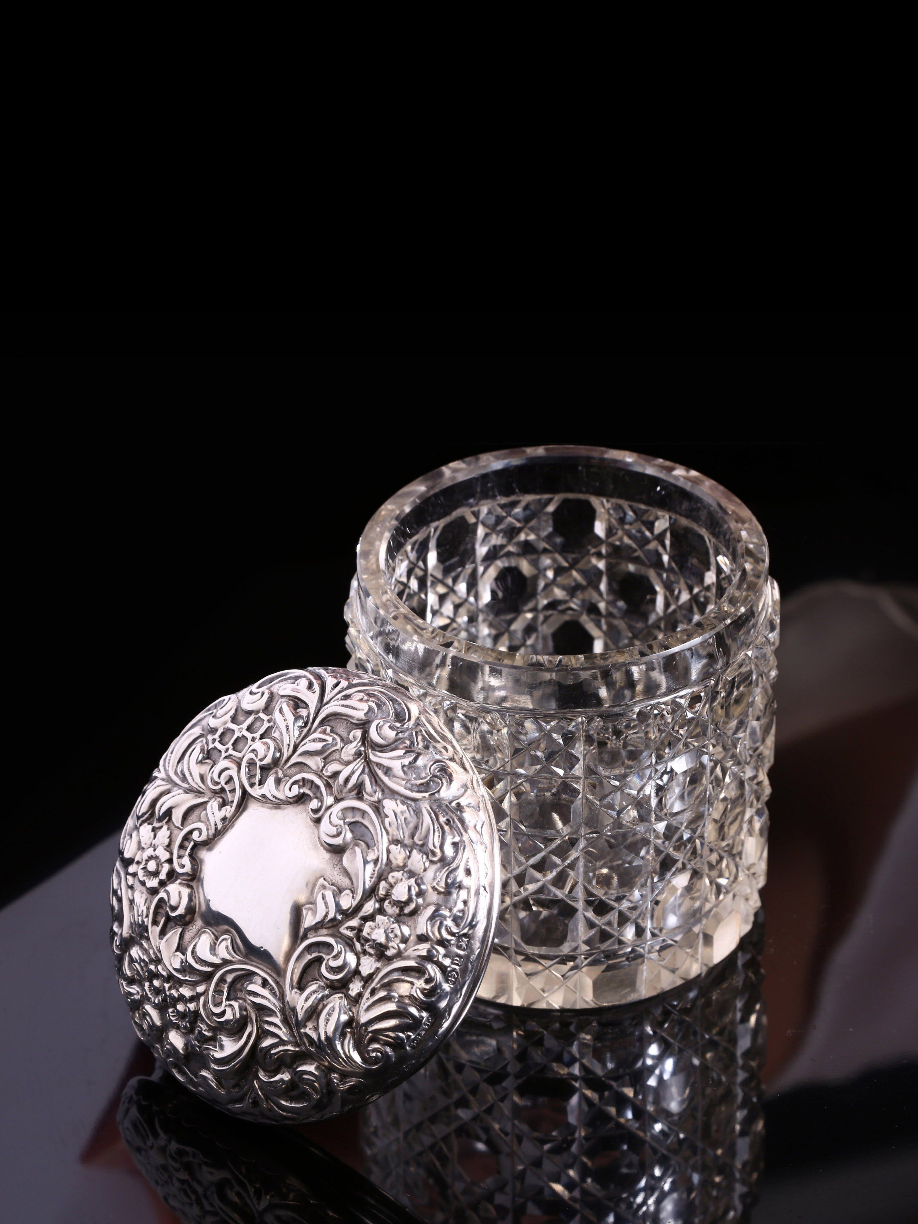 Lion Silver Label Sterling Silver Lid Cut Crystal Old English Tea Canister