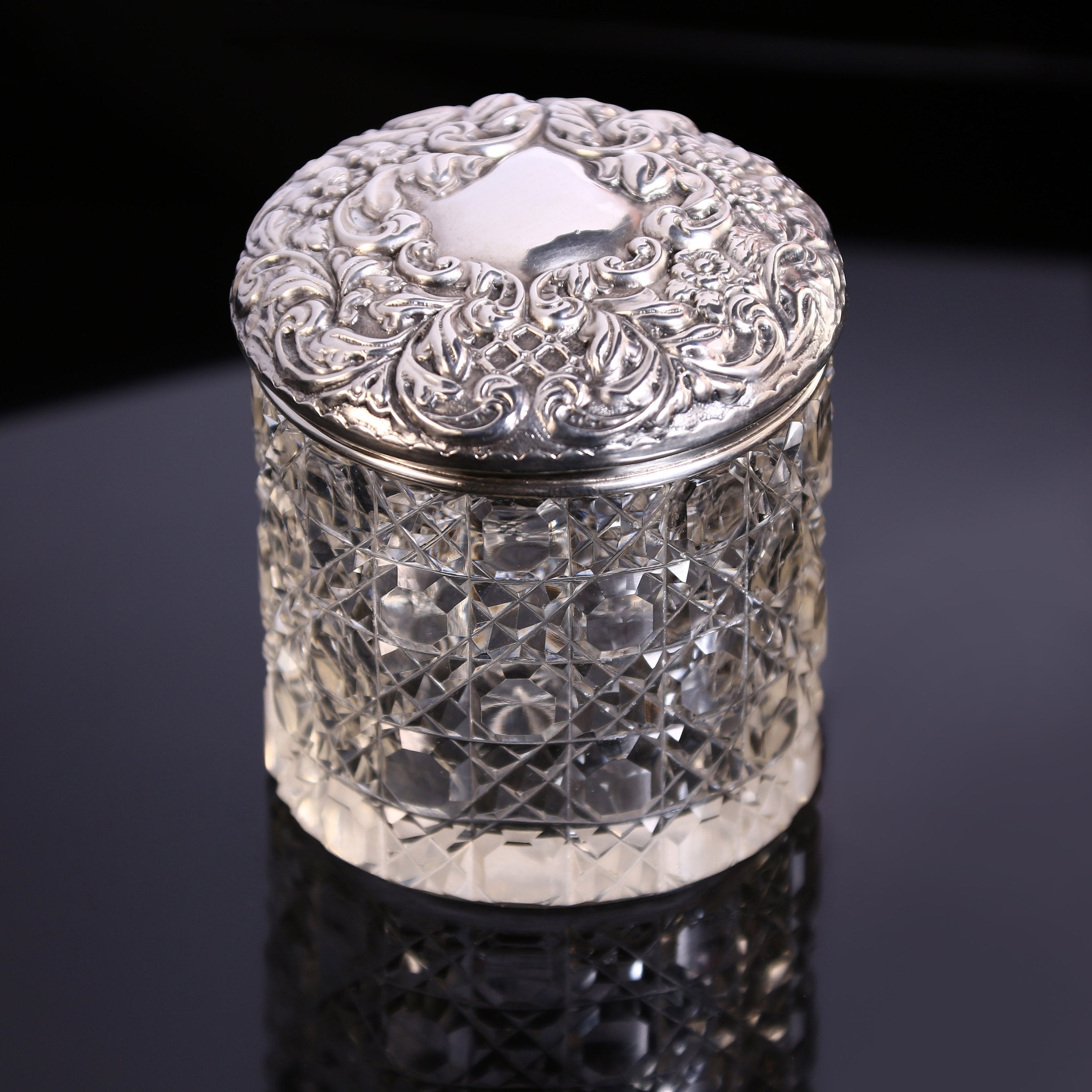 Lion Silver Label Sterling Silver Lid Cut Crystal Old English Tea Canister