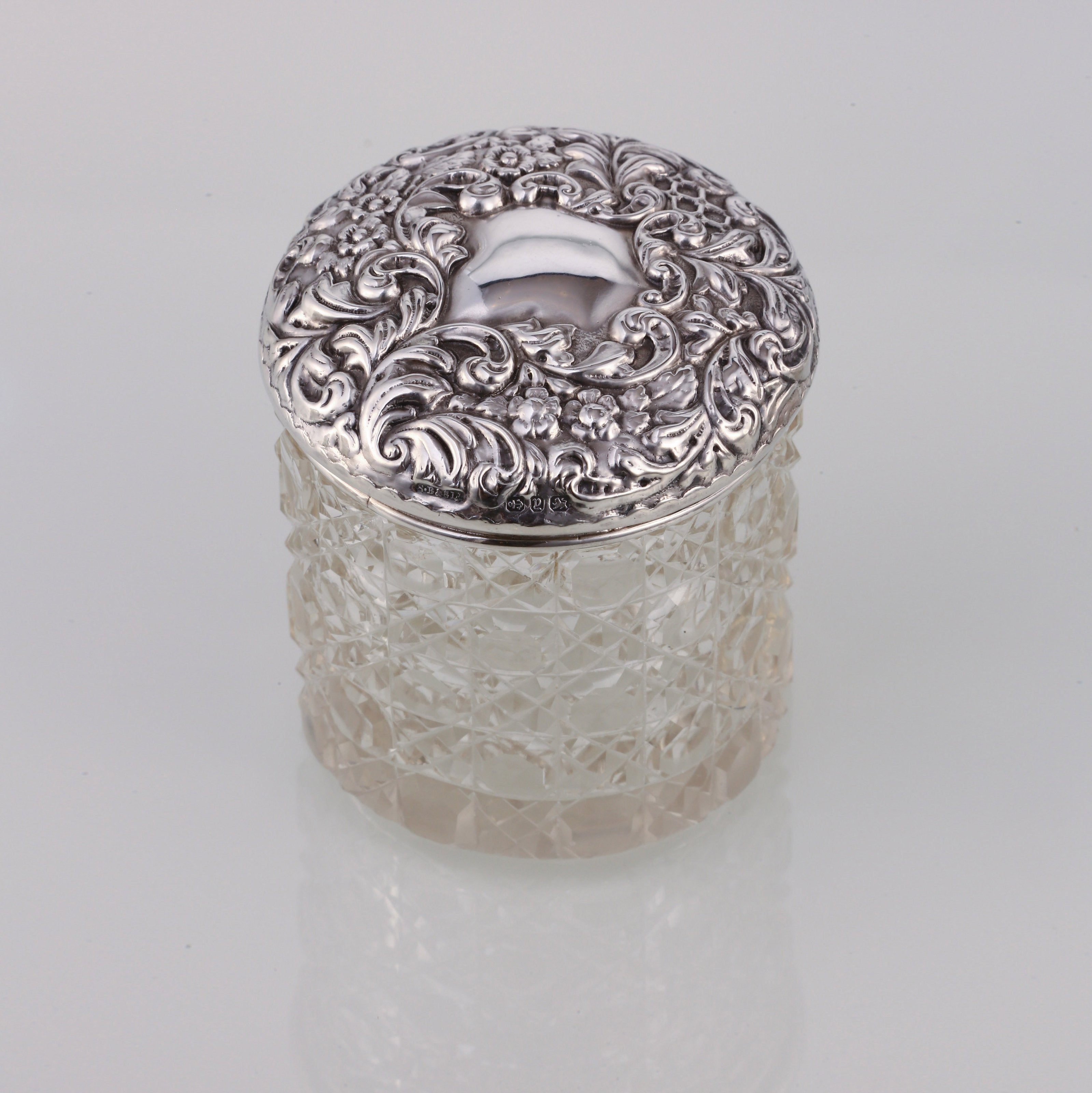 Lion Silver Label Sterling Silver Lid Cut Crystal Old English Tea Canister