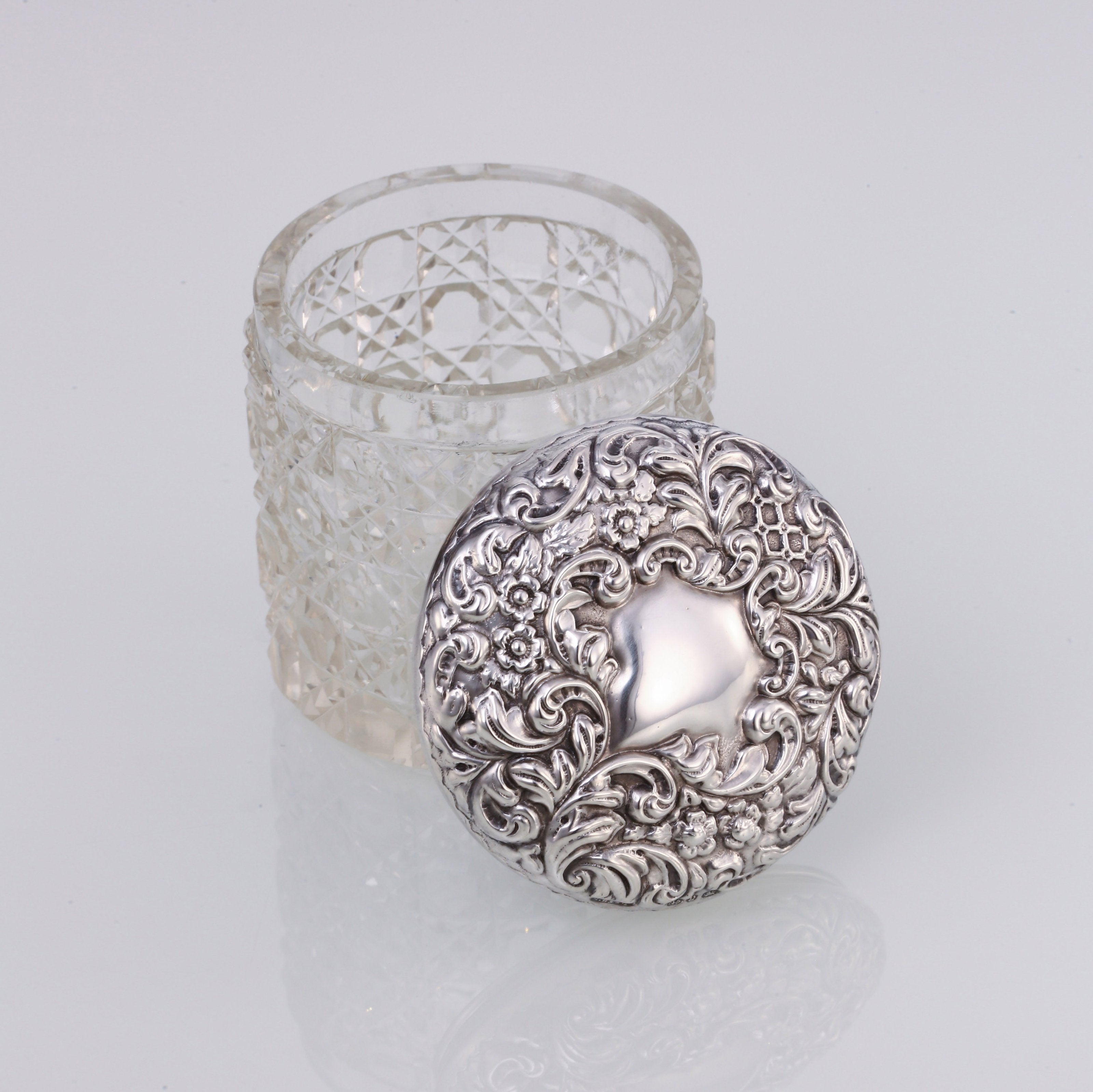 Lion Silver Label Sterling Silver Lid Cut Crystal Old English Tea Canister