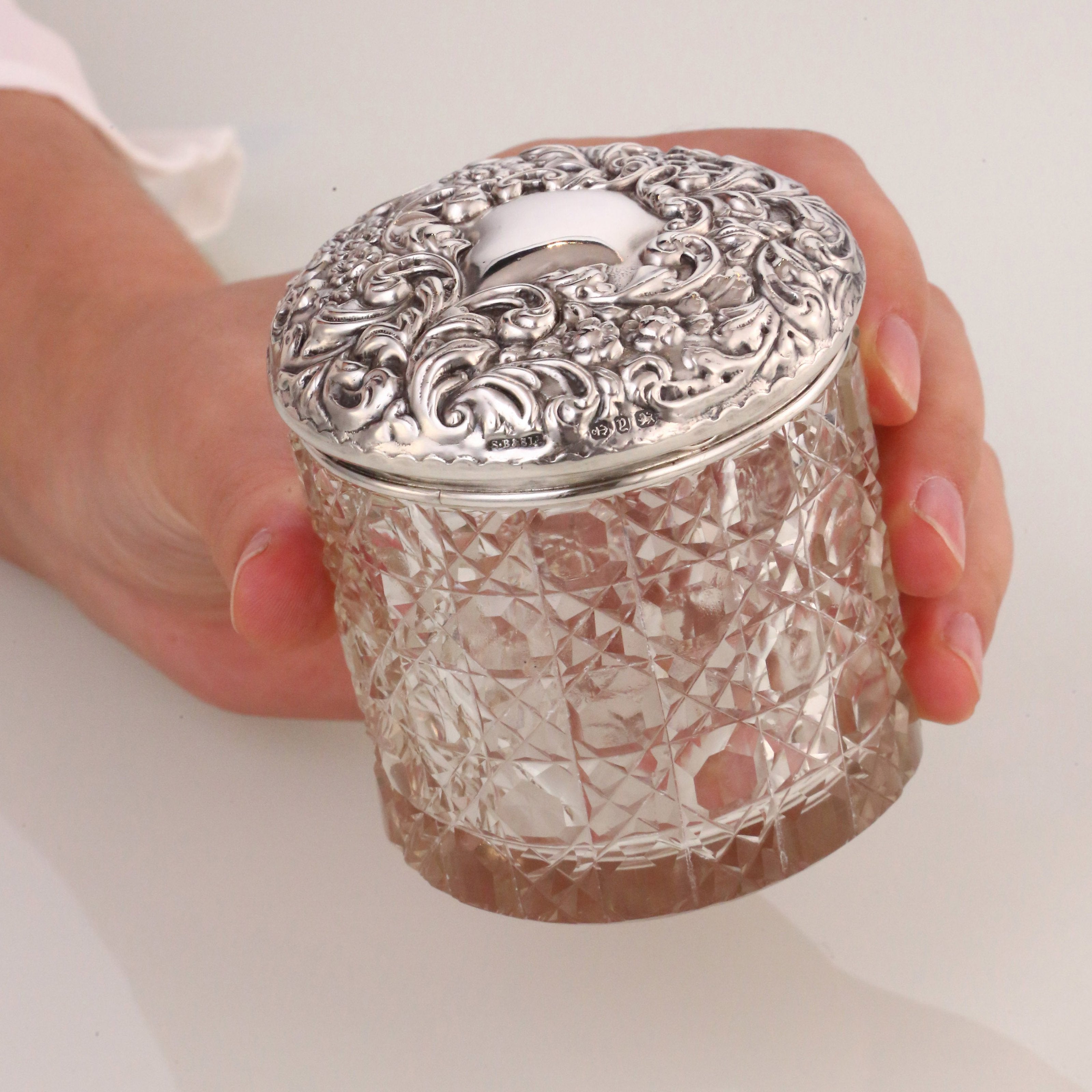 Lion Silver Label Sterling Silver Lid Cut Crystal Old English Tea Canister