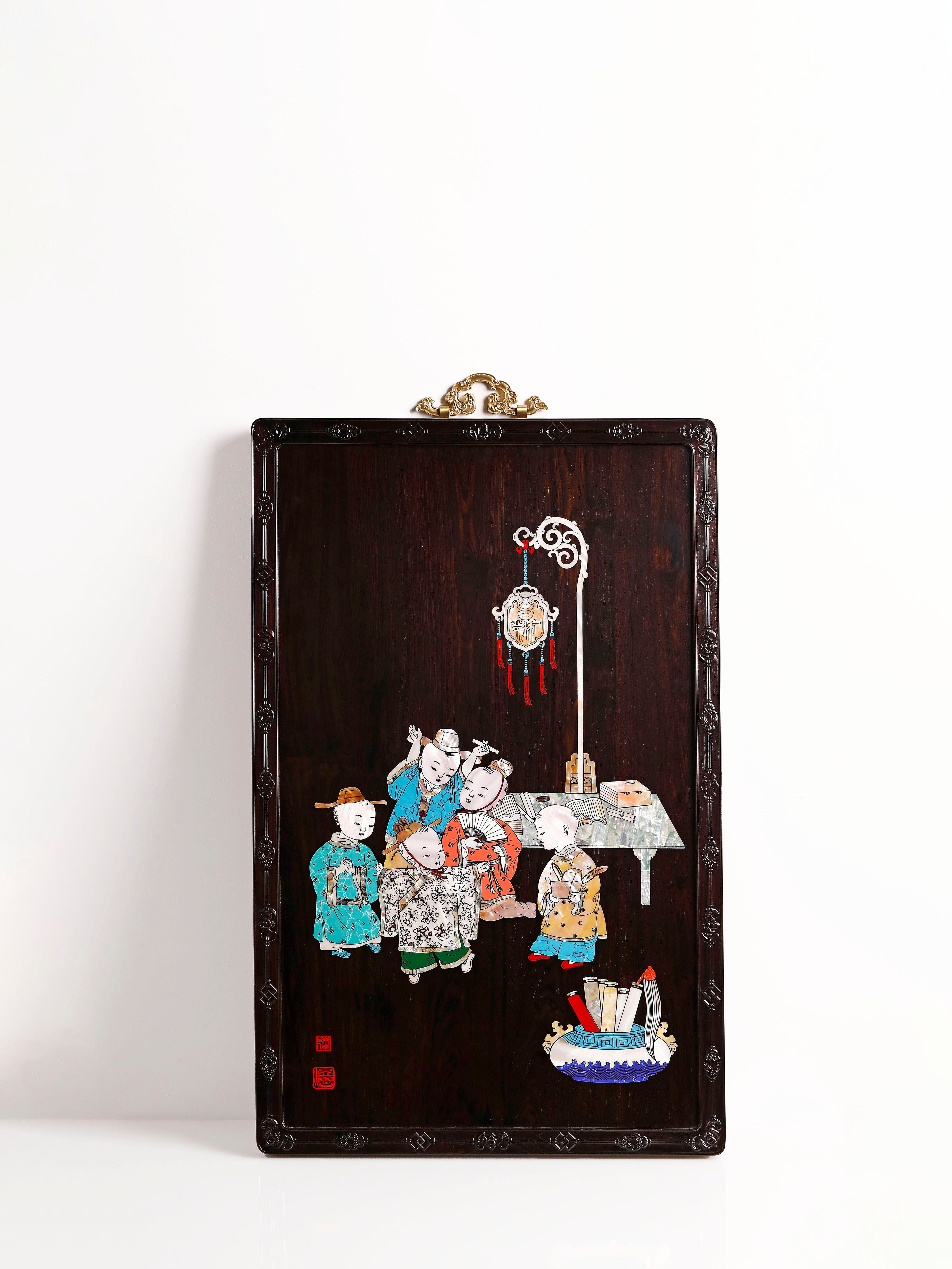 Purple sandalwood inlaid mother-of-pearl hanging screen depicting five sons passing the imperial examination