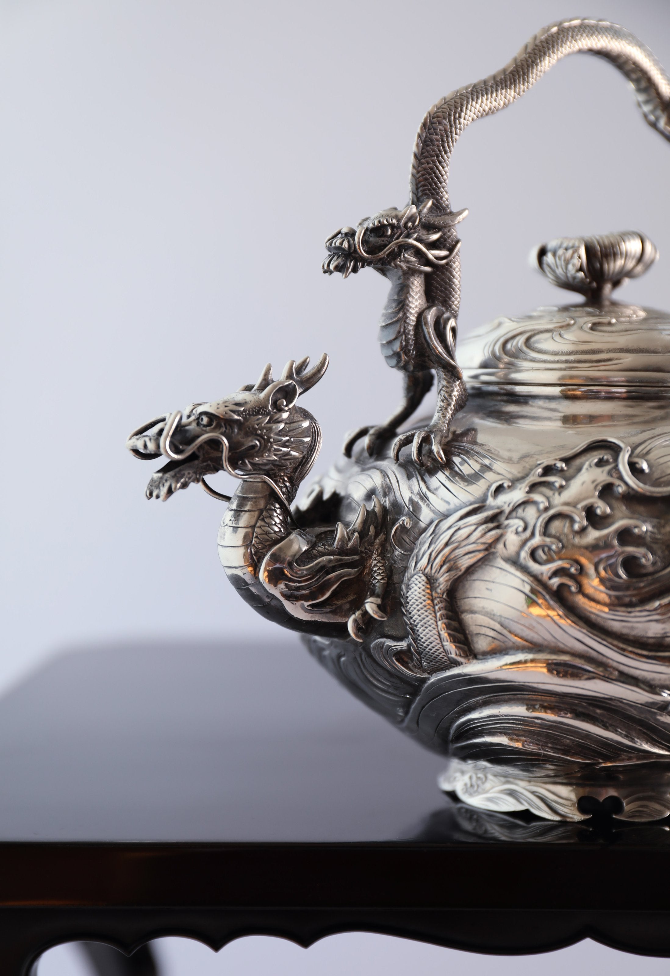 1890 Japanese Yoshitaka Dragon Pattern Sterling Silver Teapot/Tea Canister
