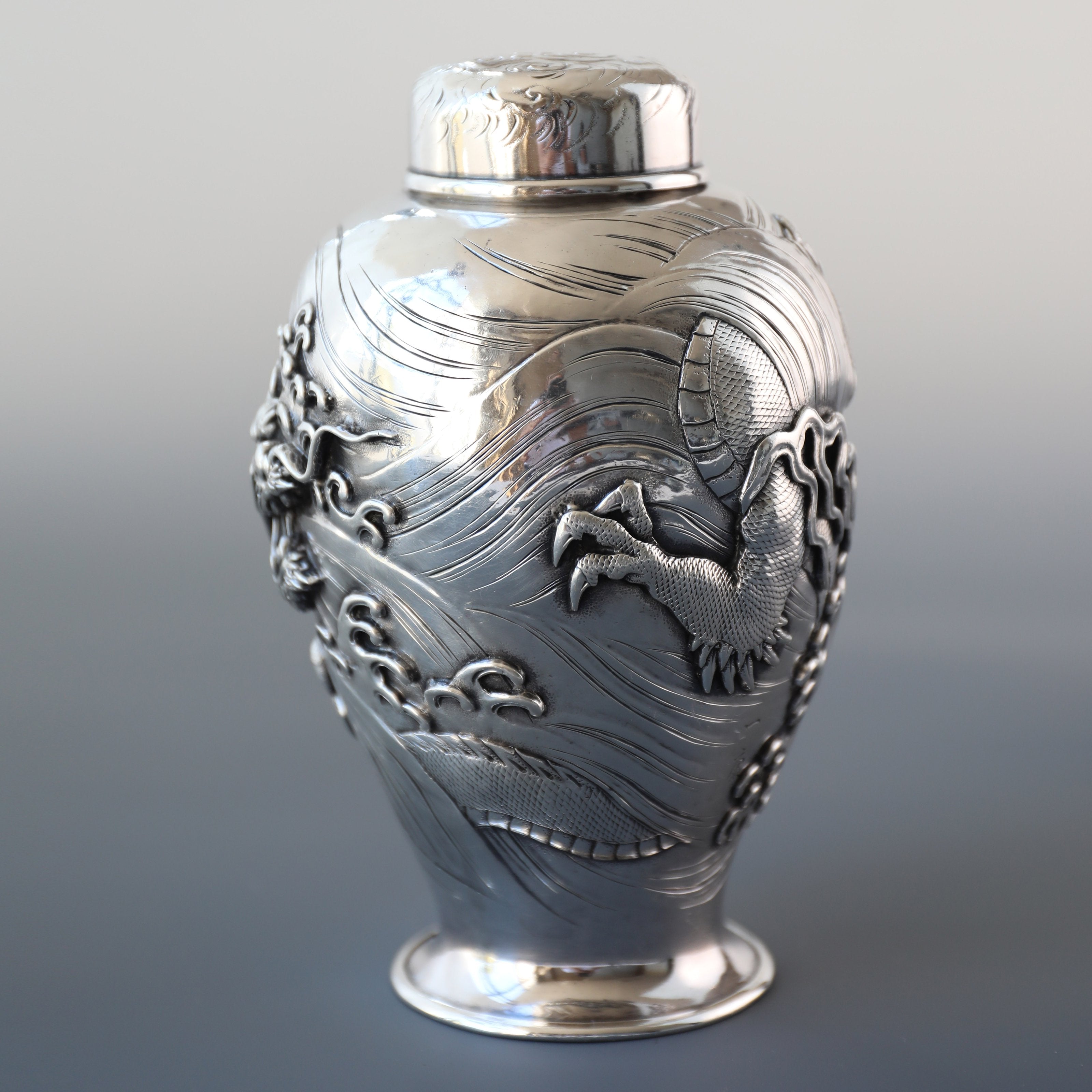 1890 Japanese Yoshitaka Dragon Pattern Sterling Silver Teapot/Tea Canister