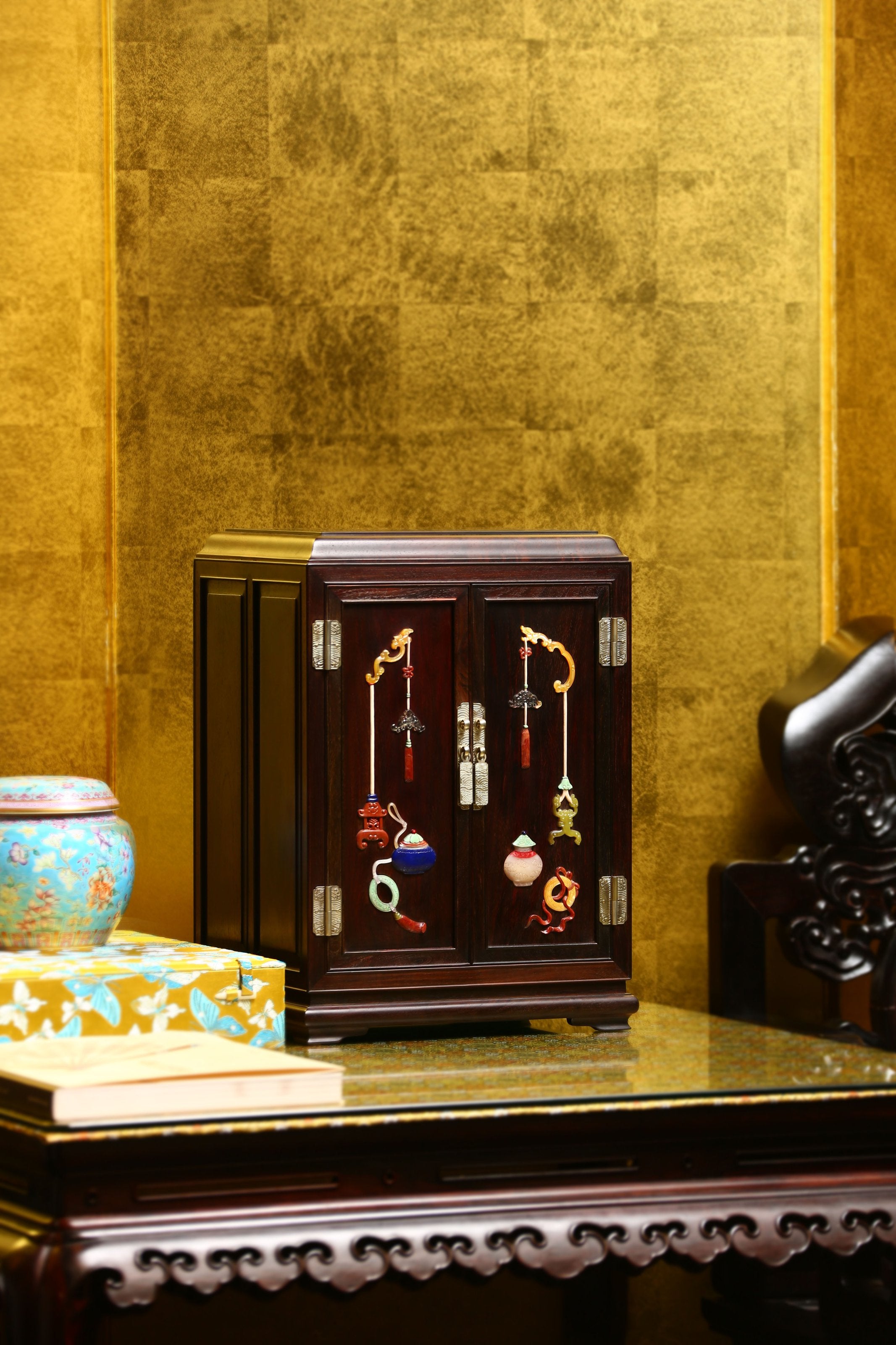 Rosewood Tea Cabinet with Inlaid Antique Designs