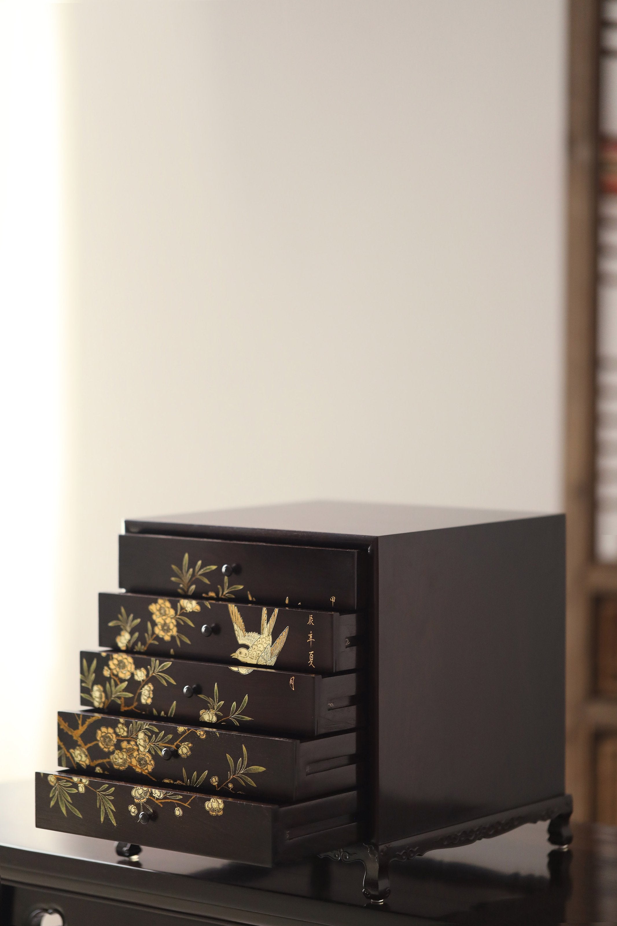 Gold piled high, joy on eyebrows / Wealth and good fortune on the table, five cups of tea on the sideboard