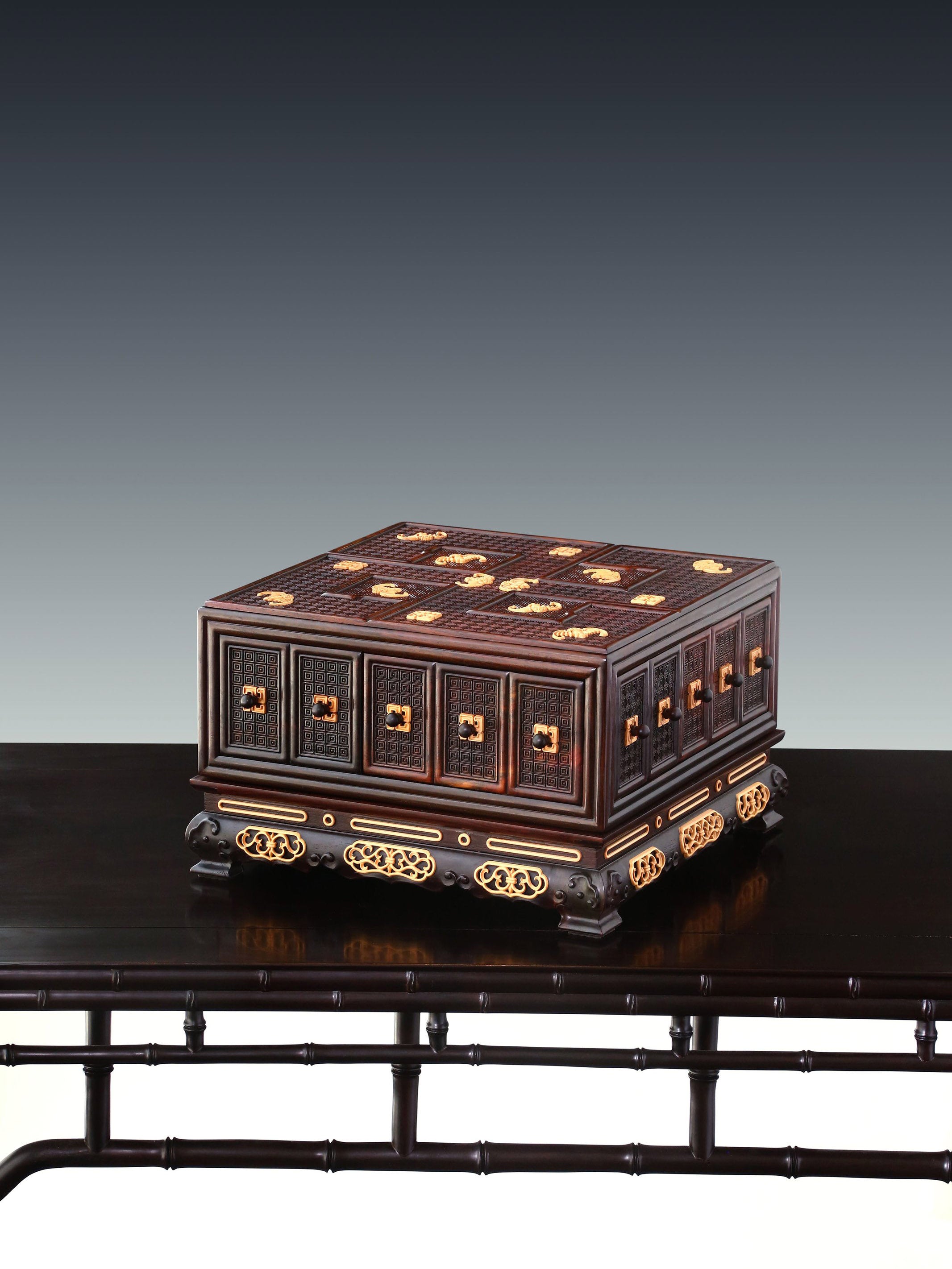 Grand Elegance Hall Treasure Box with Swastika Pattern and Abundant Blessings inlaid with Boxwood